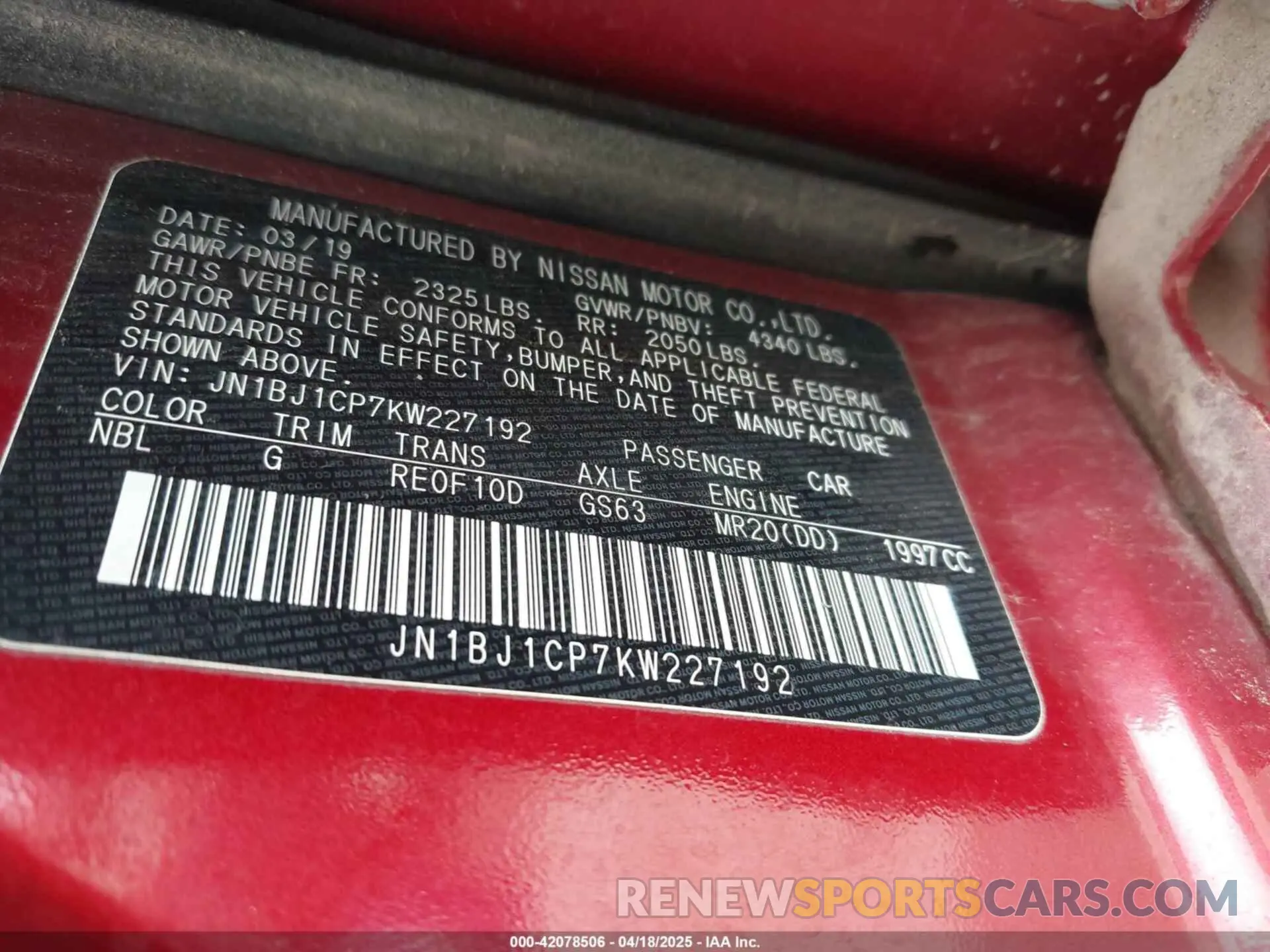 9 Photograph of a damaged car JN1BJ1CP7KW227192 NISSAN ROGUE SPORT 2019