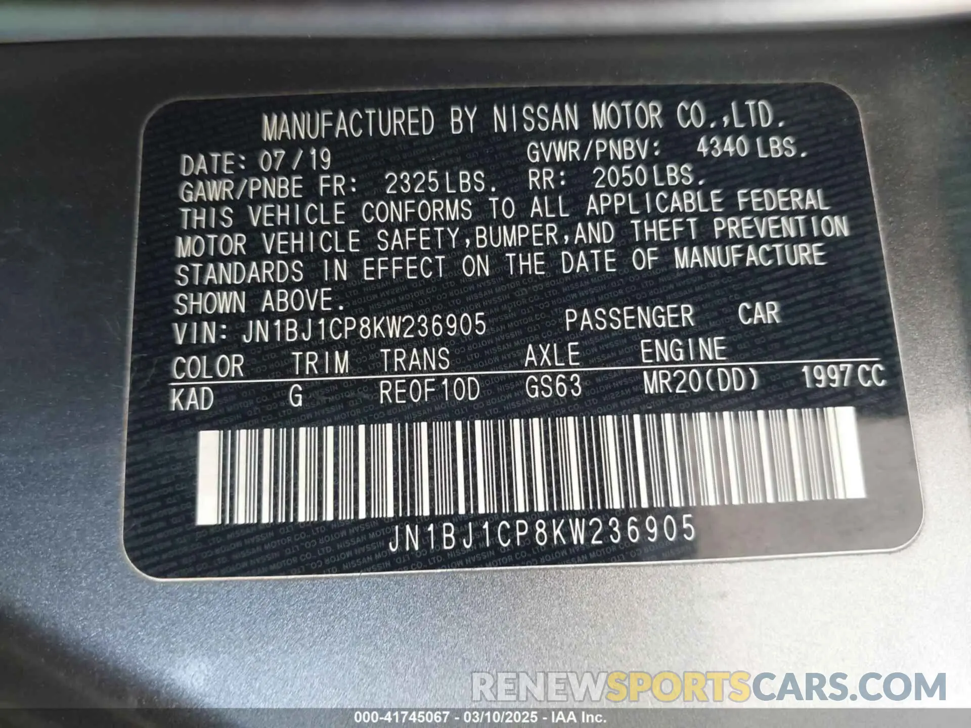 9 Photograph of a damaged car JN1BJ1CP8KW236905 NISSAN ROGUE SPORT 2019