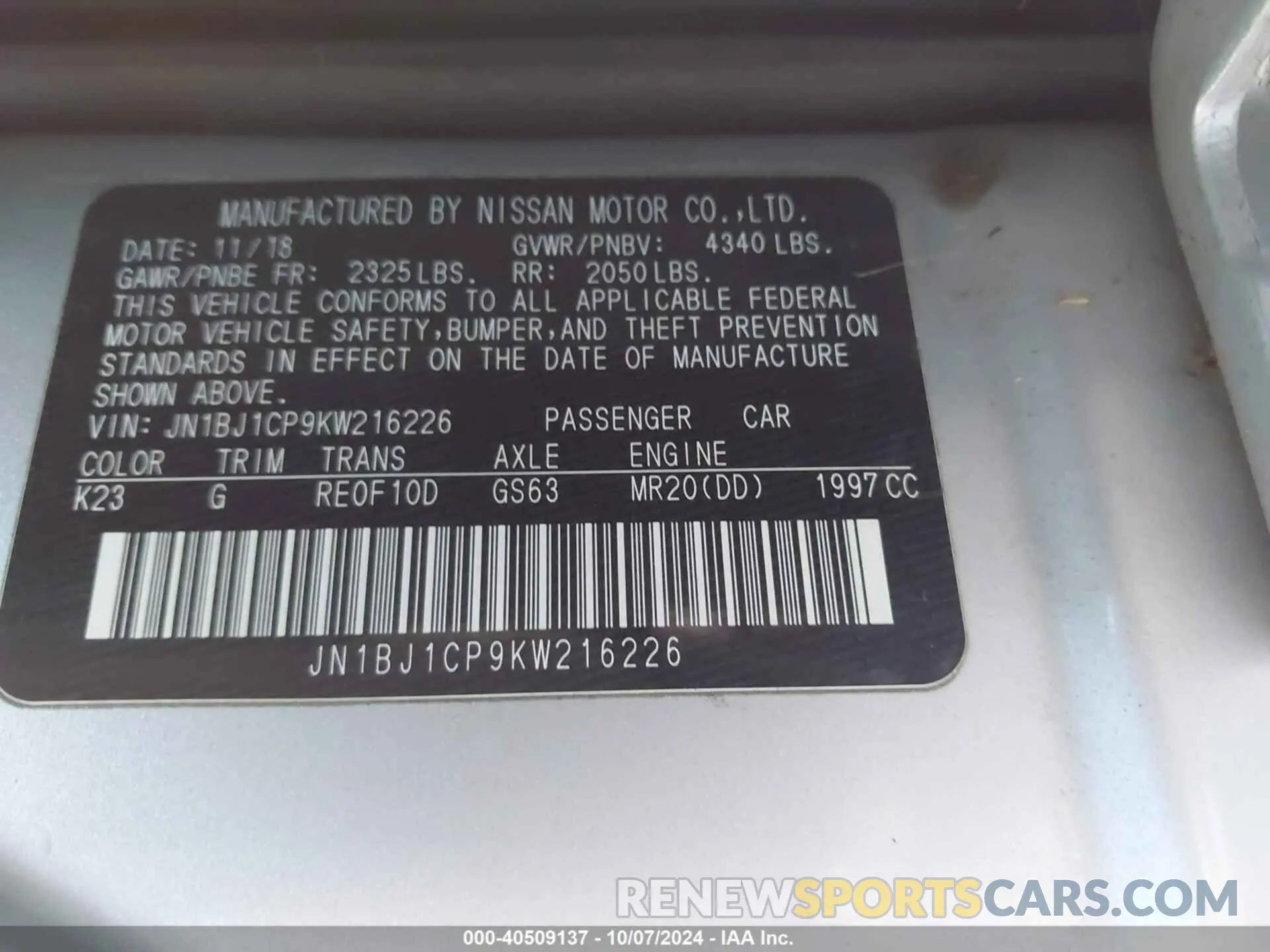 9 Photograph of a damaged car JN1BJ1CP9KW216226 NISSAN ROGUE SPORT 2019