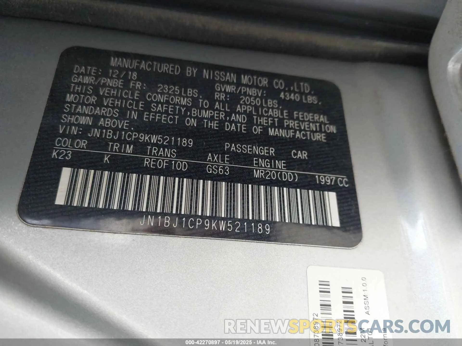 9 Photograph of a damaged car JN1BJ1CP9KW521189 NISSAN ROGUE SPORT 2019