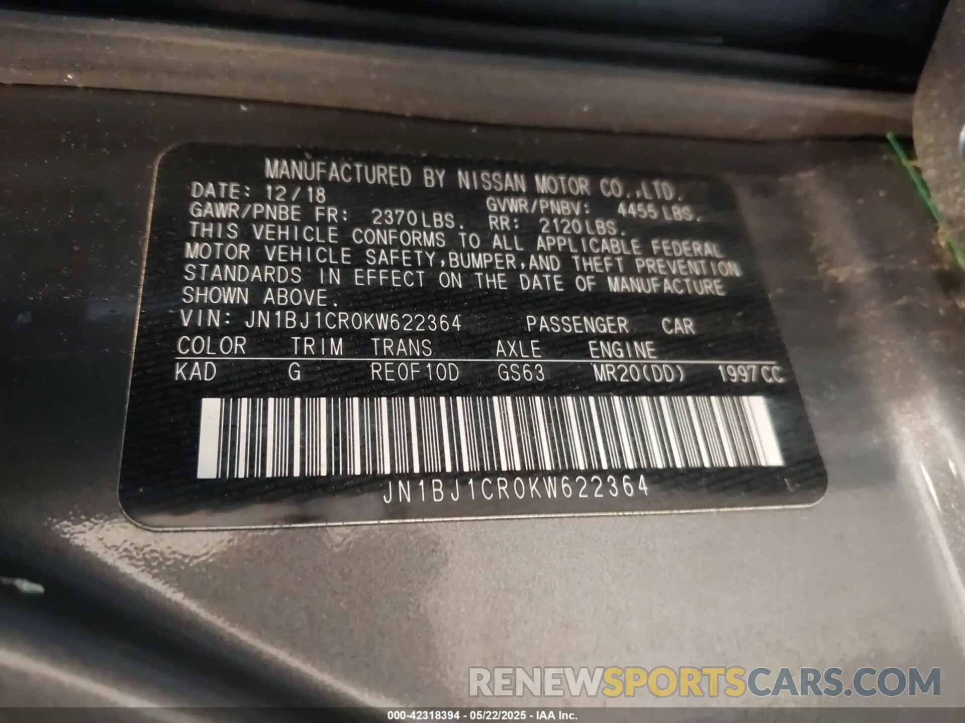 9 Photograph of a damaged car JN1BJ1CR0KW622364 NISSAN ROGUE SPORT 2019
