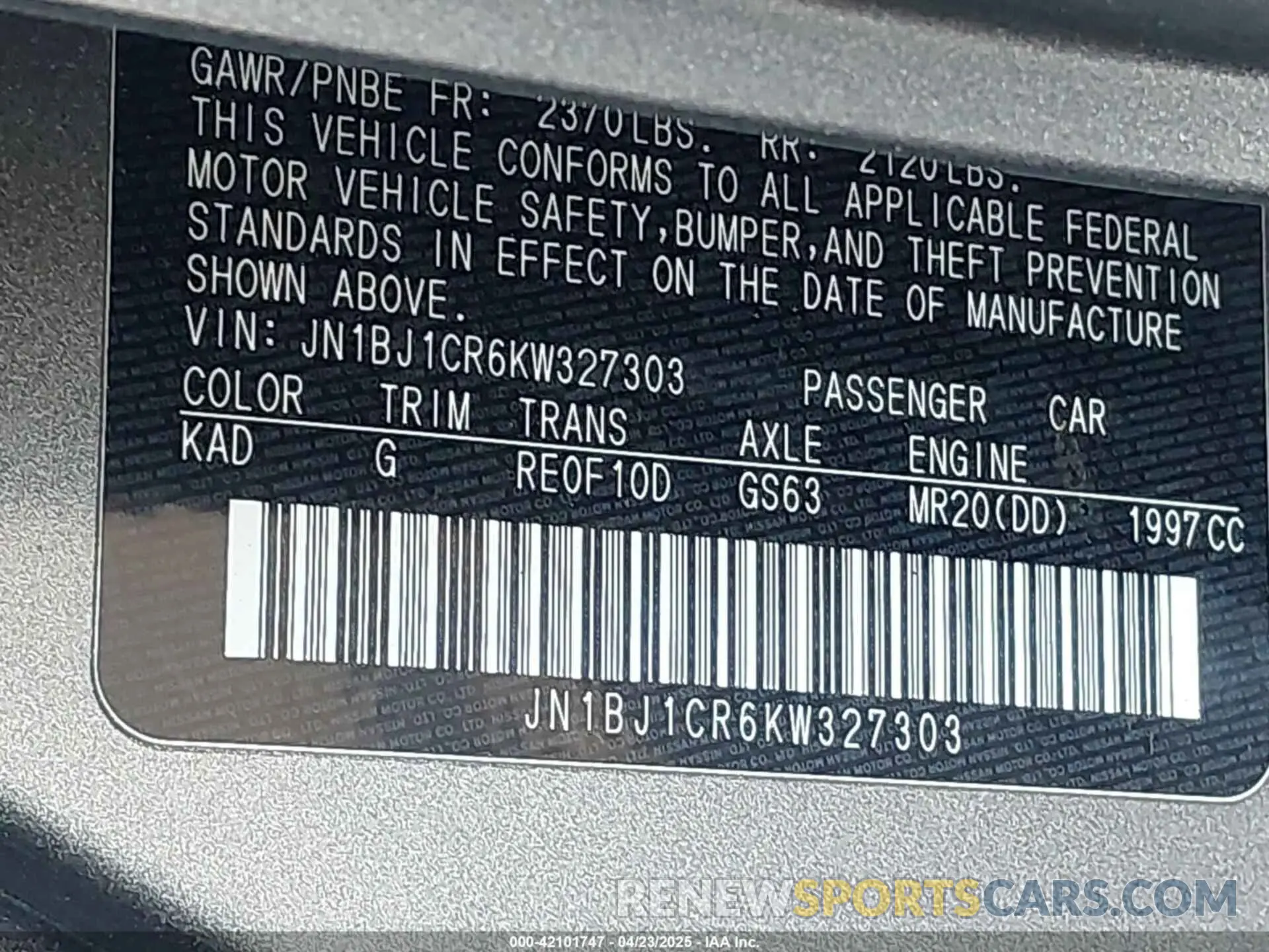 9 Photograph of a damaged car JN1BJ1CR6KW327303 NISSAN ROGUE SPORT 2019