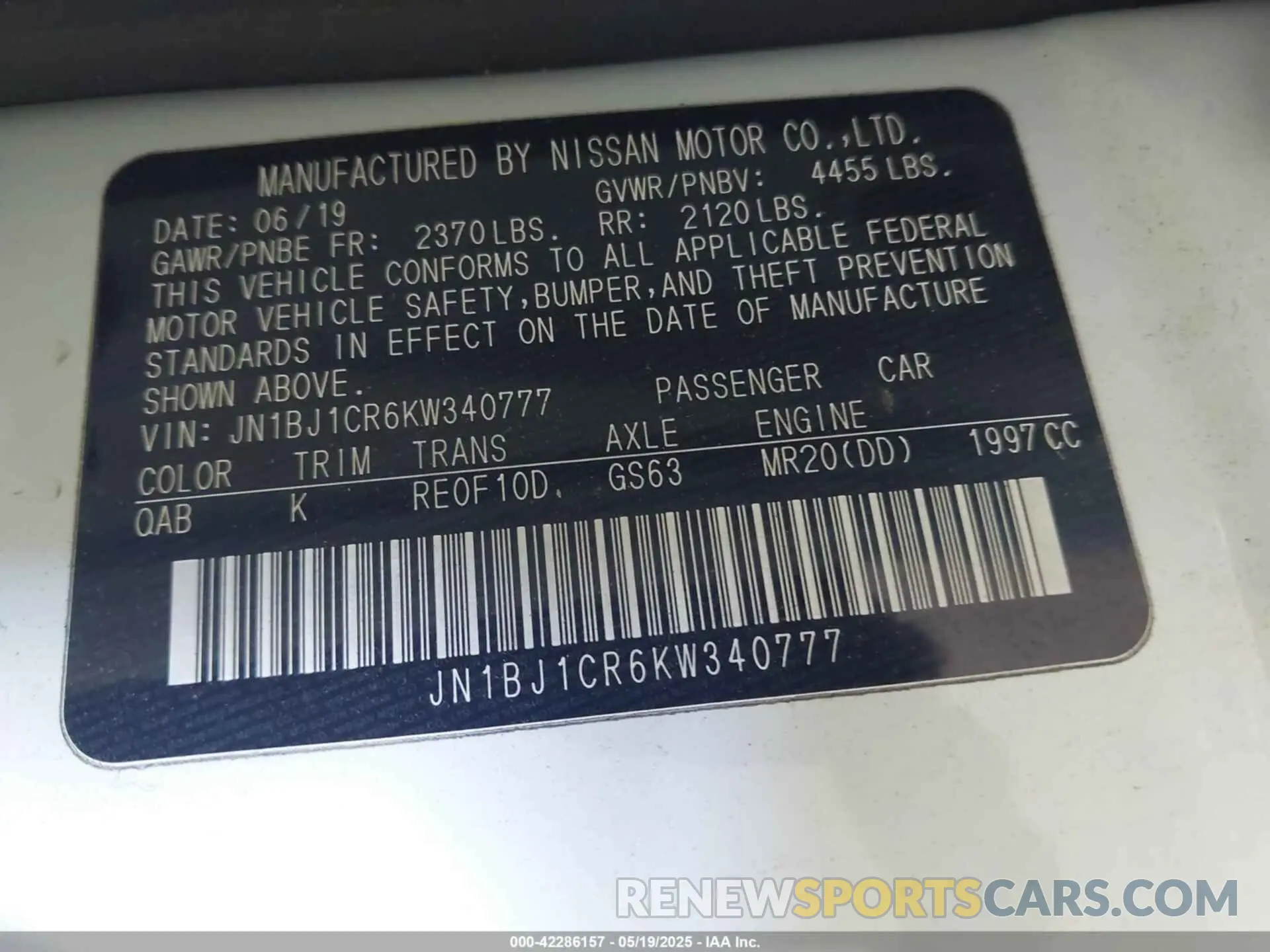 9 Photograph of a damaged car JN1BJ1CR6KW340777 NISSAN ROGUE SPORT 2019