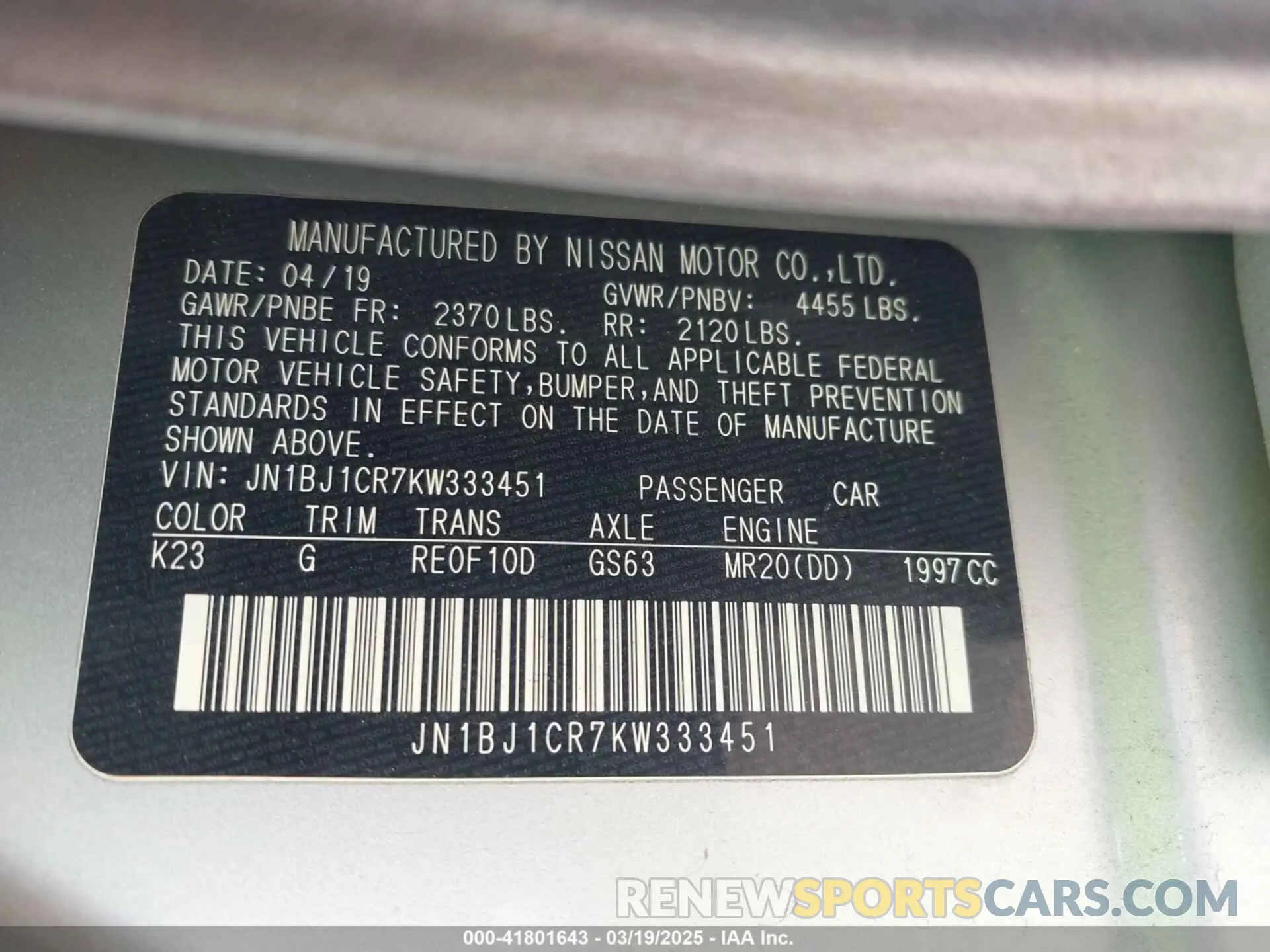 9 Photograph of a damaged car JN1BJ1CR7KW333451 NISSAN ROGUE SPORT 2019