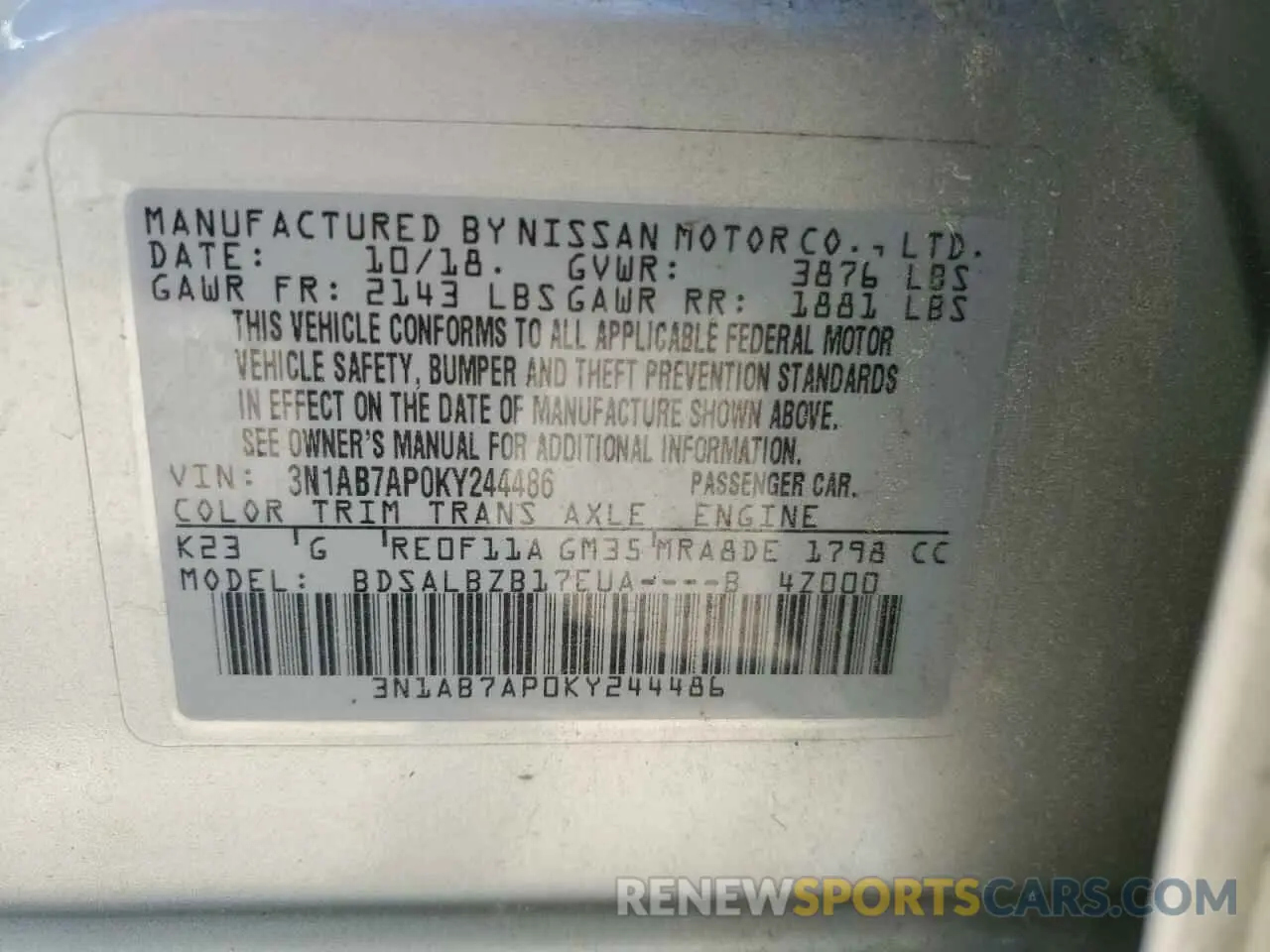 13 Photograph of a damaged car 3N1AB7AP0KY244486 NISSAN SENTRA 2019