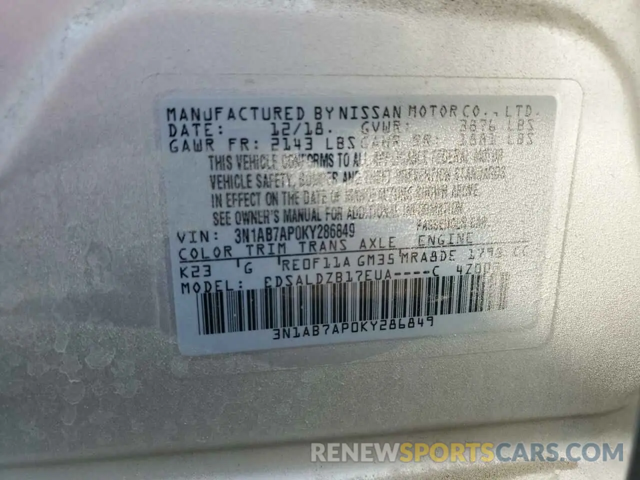 12 Photograph of a damaged car 3N1AB7AP0KY286849 NISSAN SENTRA 2019