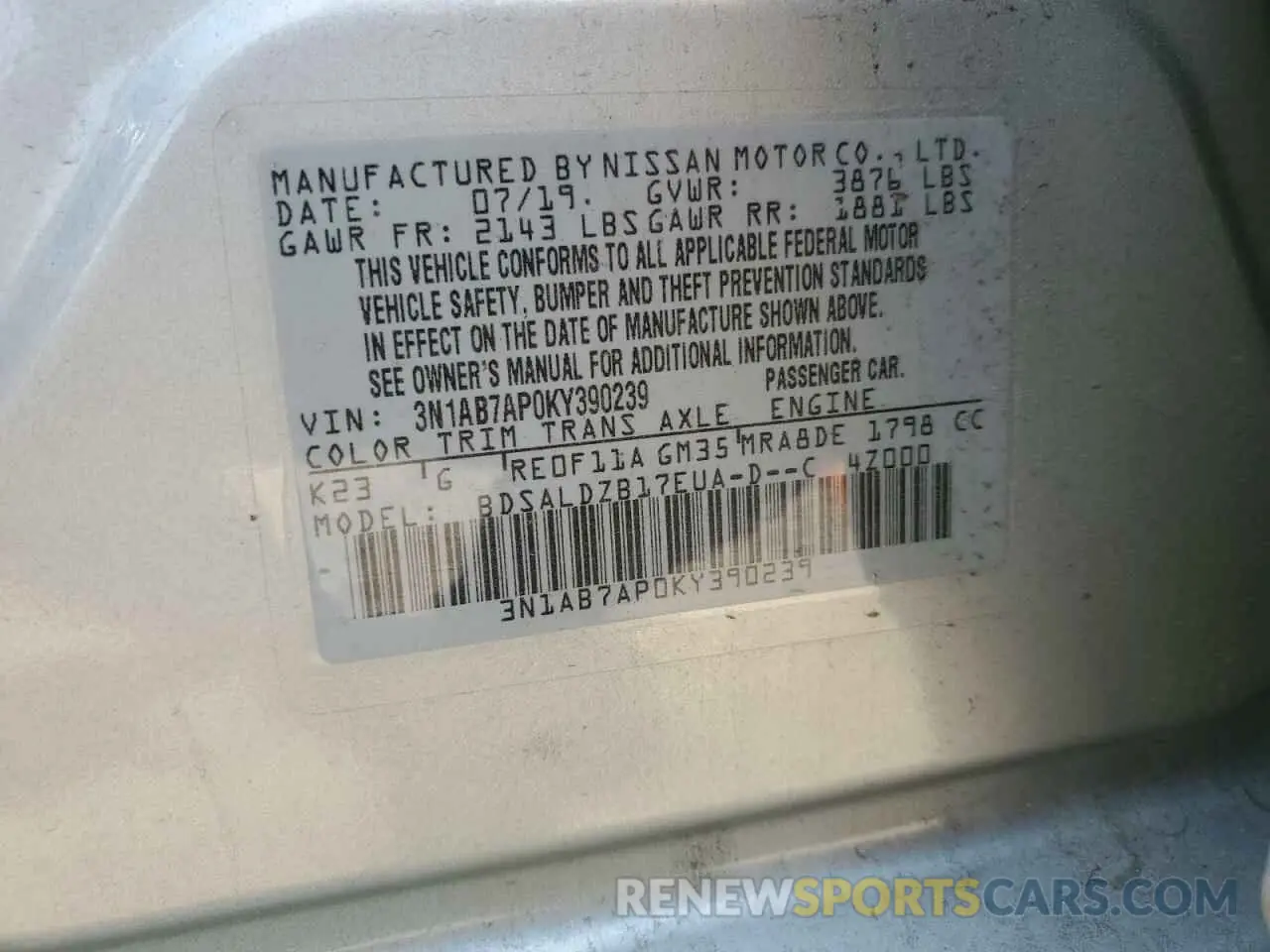 12 Photograph of a damaged car 3N1AB7AP0KY390239 NISSAN SENTRA 2019