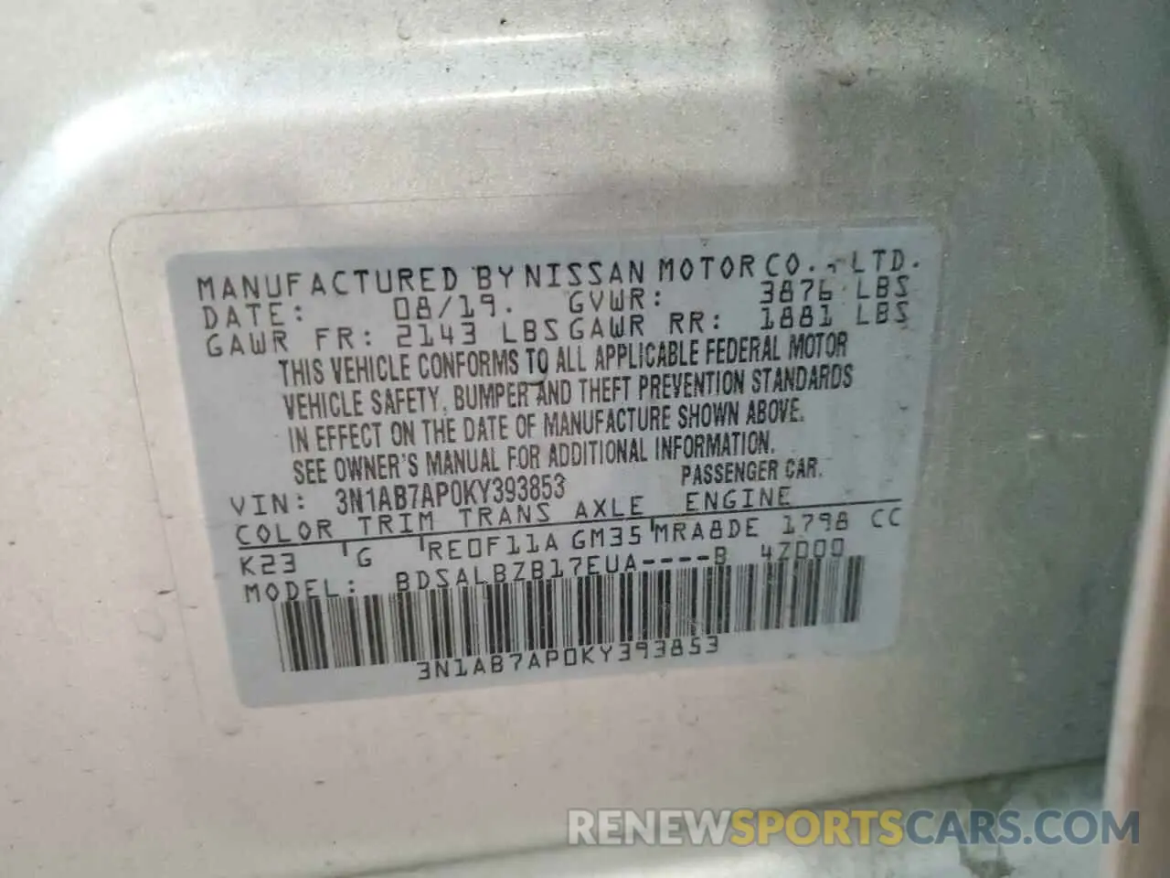 13 Photograph of a damaged car 3N1AB7AP0KY393853 NISSAN SENTRA 2019