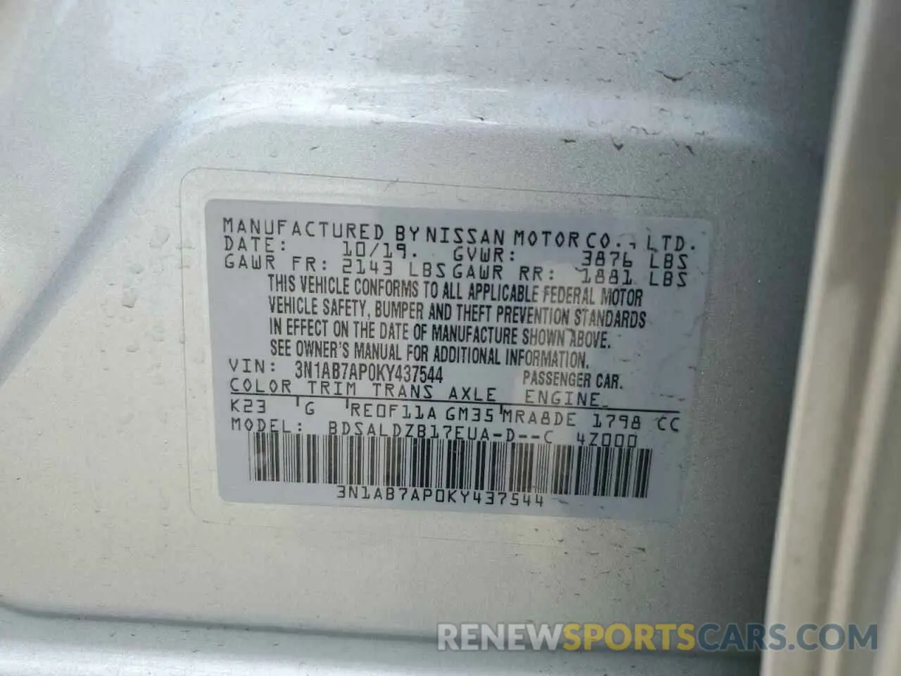 12 Photograph of a damaged car 3N1AB7AP0KY437544 NISSAN SENTRA 2019