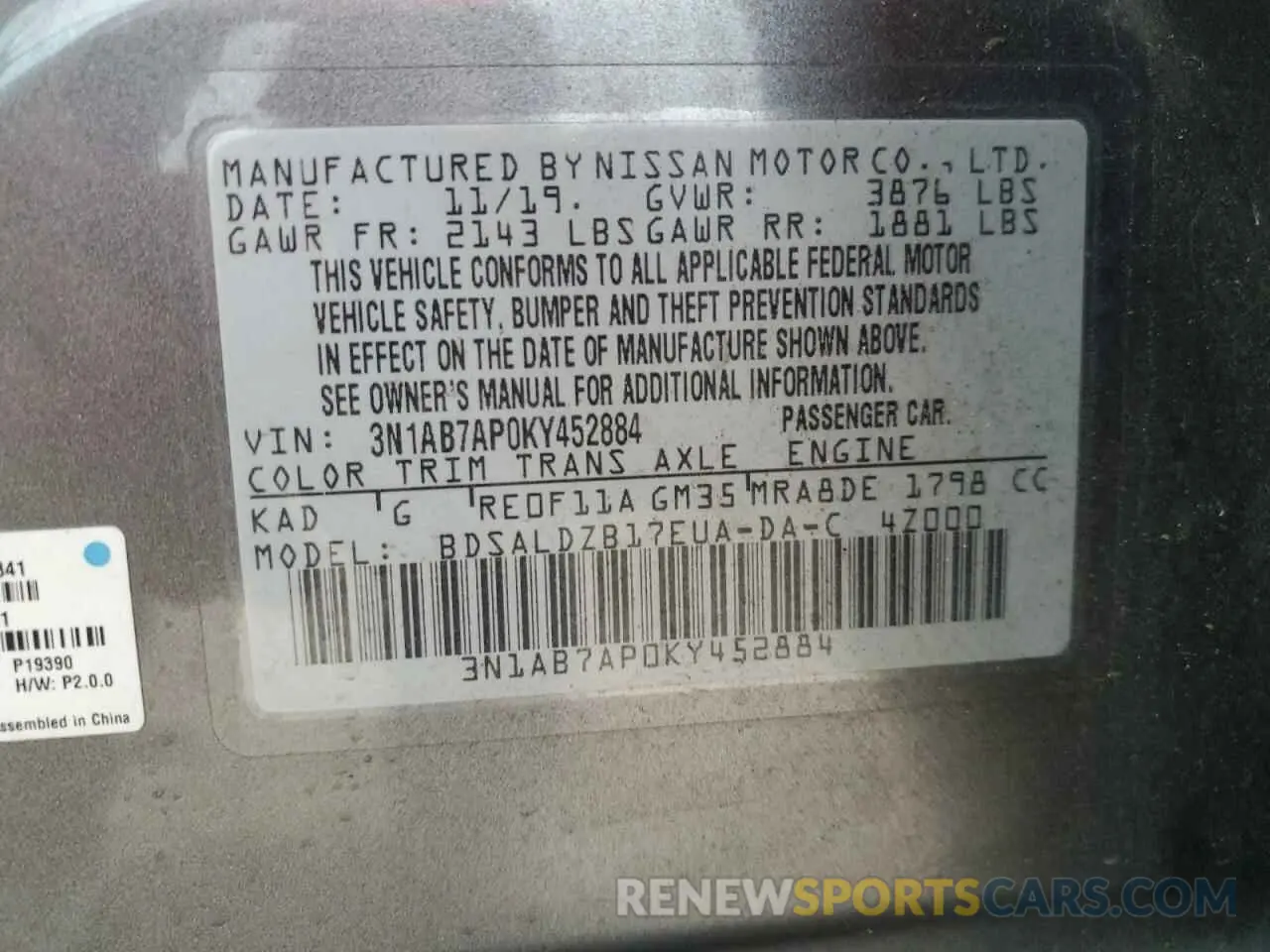 13 Photograph of a damaged car 3N1AB7AP0KY452884 NISSAN SENTRA 2019