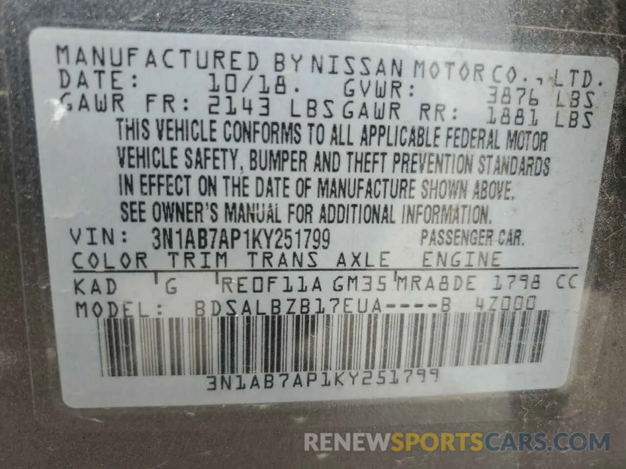 13 Photograph of a damaged car 3N1AB7AP1KY251799 NISSAN SENTRA 2019