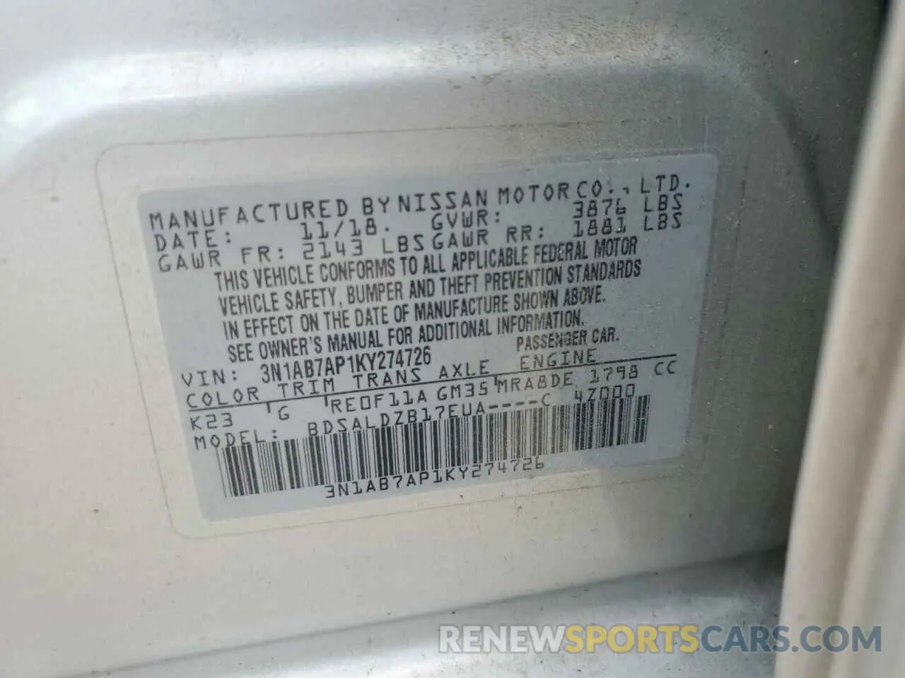 12 Photograph of a damaged car 3N1AB7AP1KY274726 NISSAN SENTRA 2019