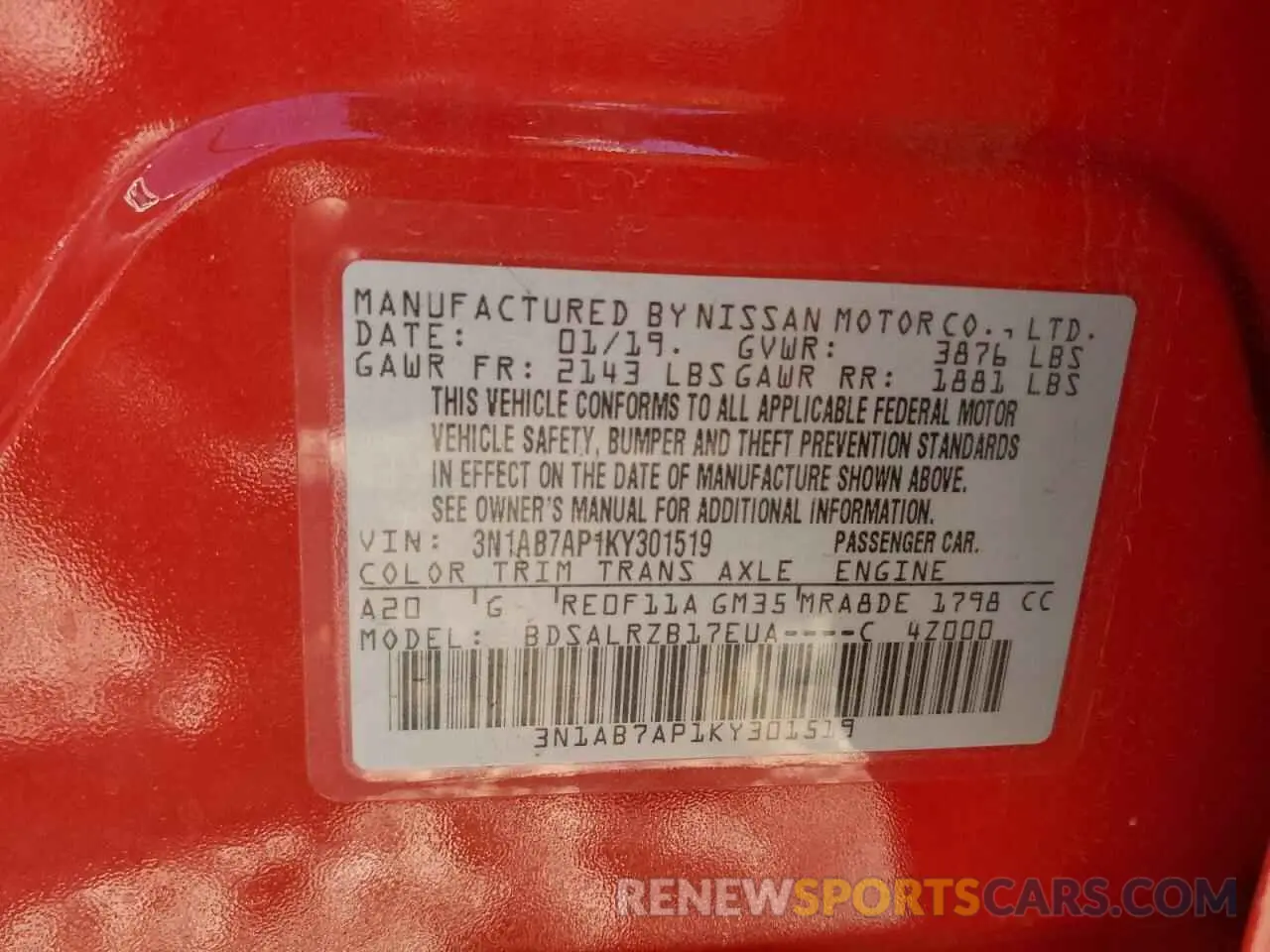 13 Photograph of a damaged car 3N1AB7AP1KY301519 NISSAN SENTRA 2019