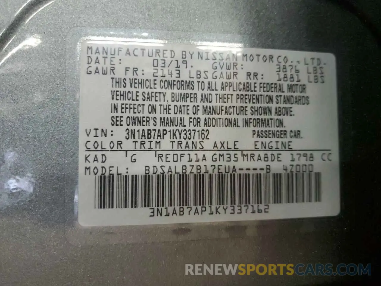 12 Photograph of a damaged car 3N1AB7AP1KY337162 NISSAN SENTRA 2019
