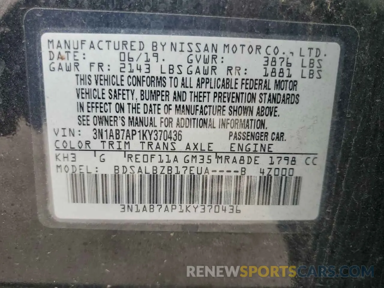 13 Photograph of a damaged car 3N1AB7AP1KY370436 NISSAN SENTRA 2019