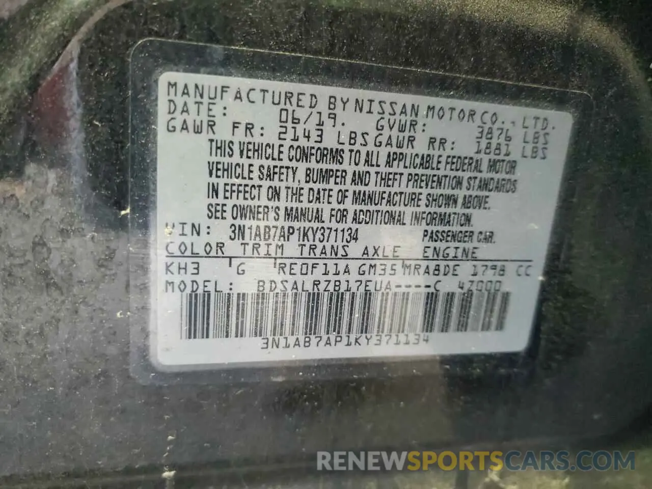 12 Photograph of a damaged car 3N1AB7AP1KY371134 NISSAN SENTRA 2019