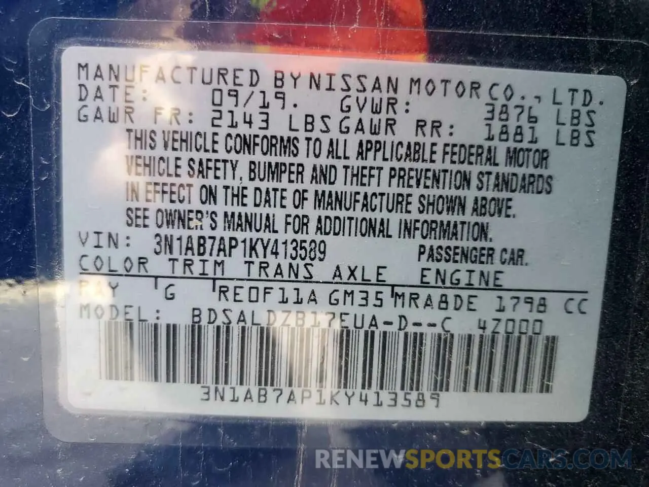 12 Photograph of a damaged car 3N1AB7AP1KY413589 NISSAN SENTRA 2019