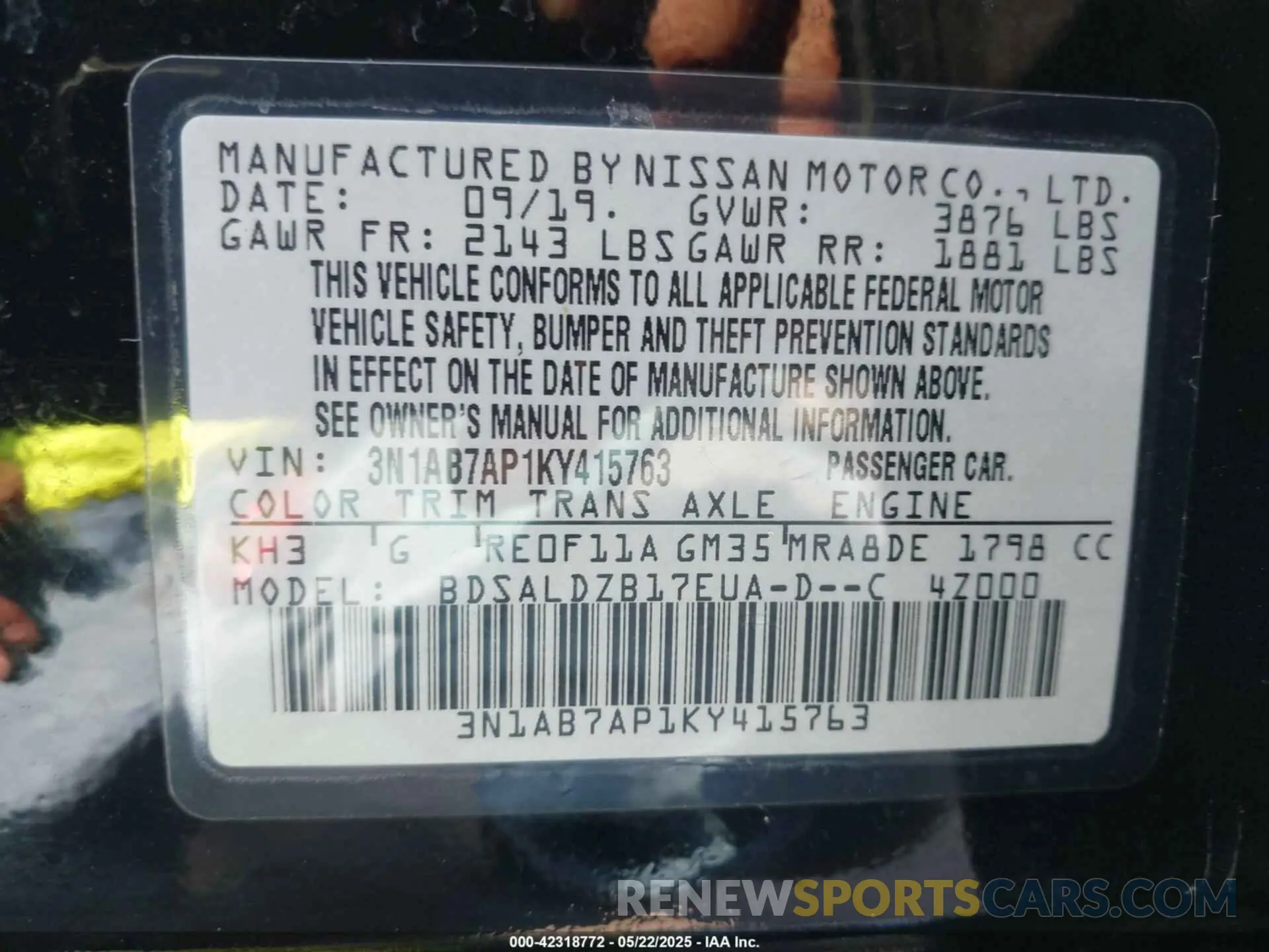 9 Photograph of a damaged car 3N1AB7AP1KY415763 NISSAN SENTRA 2019