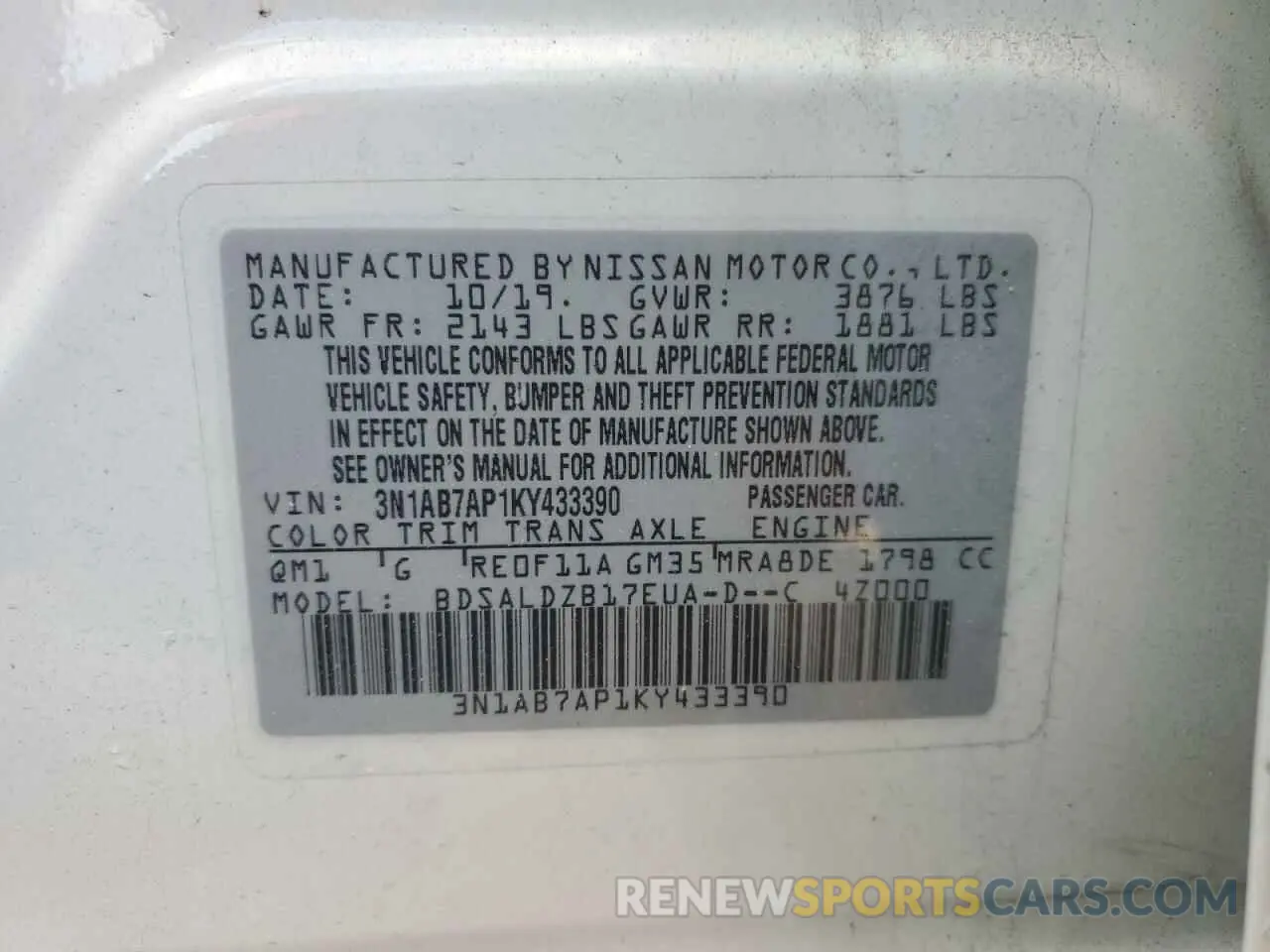 12 Photograph of a damaged car 3N1AB7AP1KY433390 NISSAN SENTRA 2019