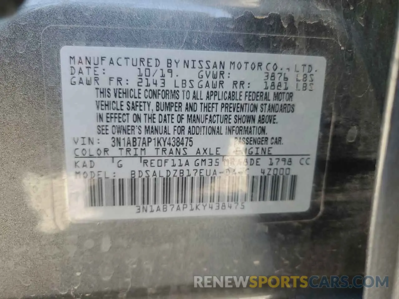 12 Photograph of a damaged car 3N1AB7AP1KY438475 NISSAN SENTRA 2019