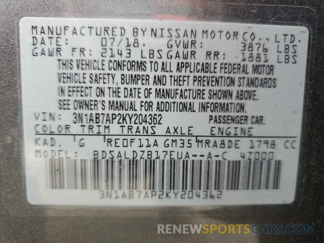 12 Photograph of a damaged car 3N1AB7AP2KY204362 NISSAN SENTRA 2019