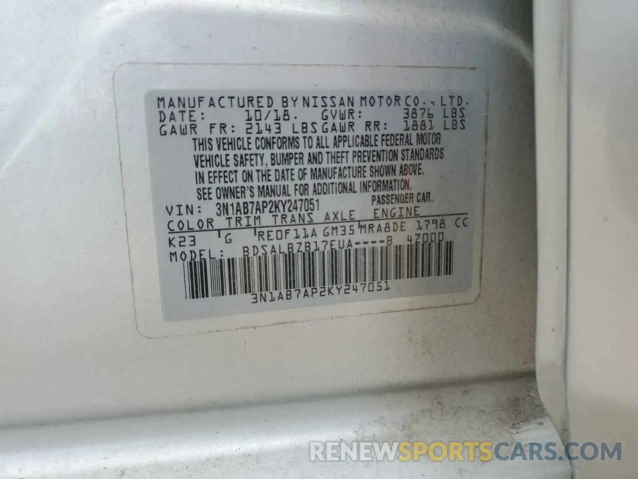 12 Photograph of a damaged car 3N1AB7AP2KY247051 NISSAN SENTRA 2019
