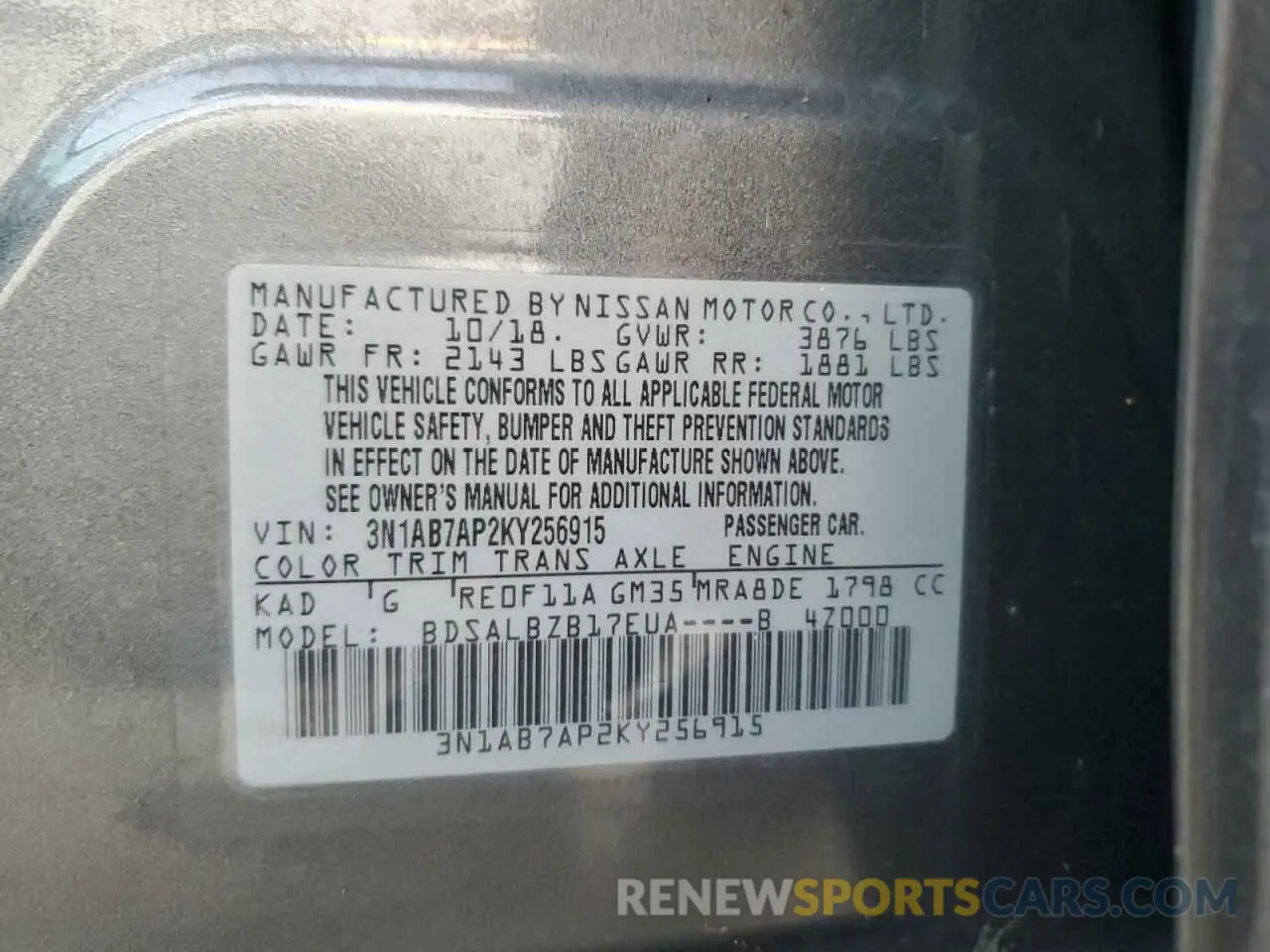 13 Photograph of a damaged car 3N1AB7AP2KY256915 NISSAN SENTRA 2019
