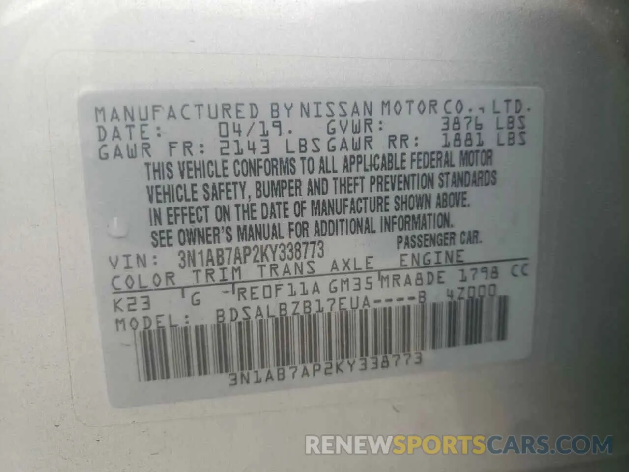 10 Photograph of a damaged car 3N1AB7AP2KY338773 NISSAN SENTRA 2019