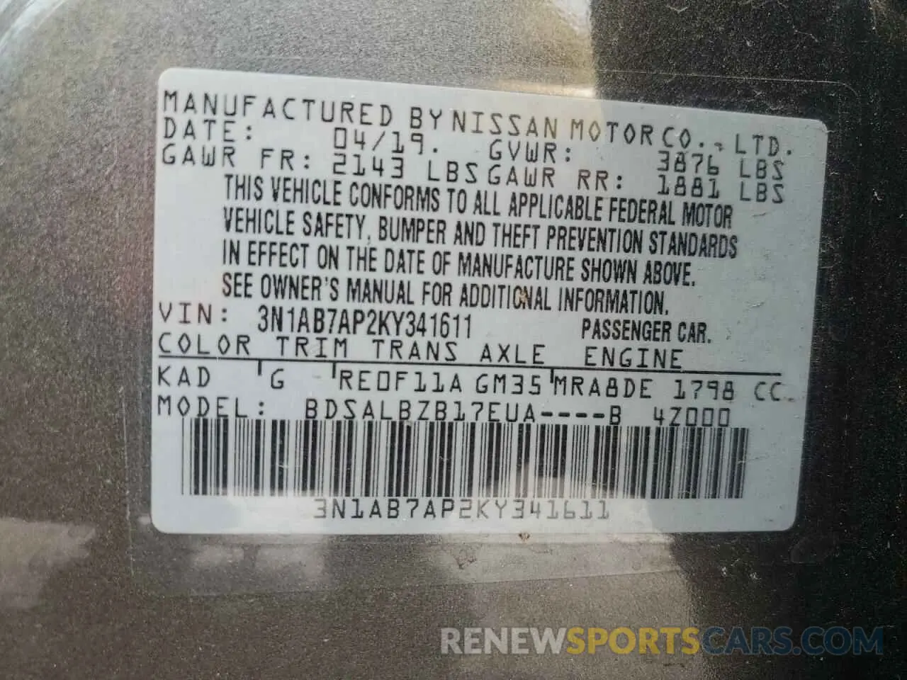 12 Photograph of a damaged car 3N1AB7AP2KY341611 NISSAN SENTRA 2019