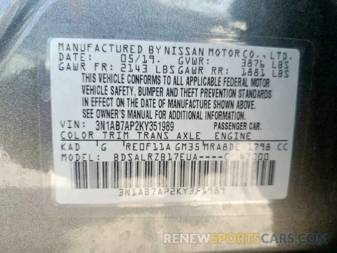 12 Photograph of a damaged car 3N1AB7AP2KY351989 NISSAN SENTRA 2019
