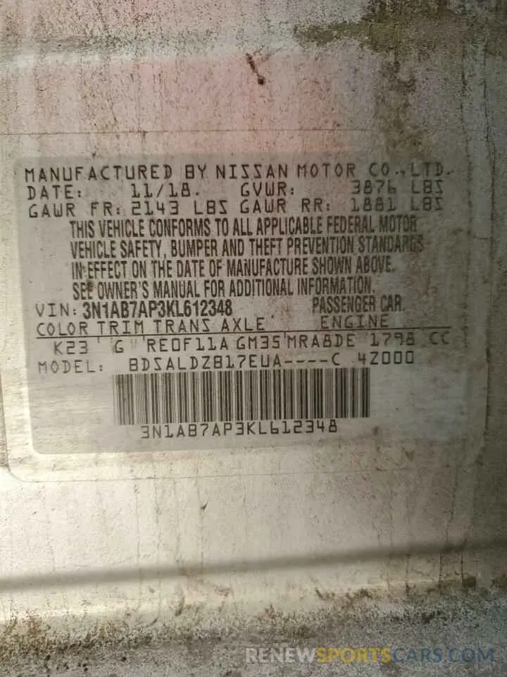 12 Photograph of a damaged car 3N1AB7AP3KL612348 NISSAN SENTRA 2019