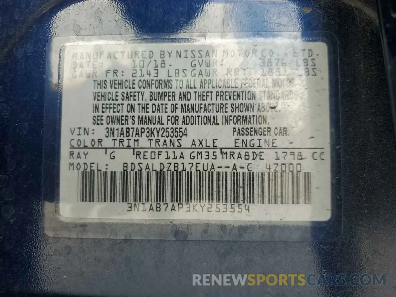 13 Photograph of a damaged car 3N1AB7AP3KY253554 NISSAN SENTRA 2019