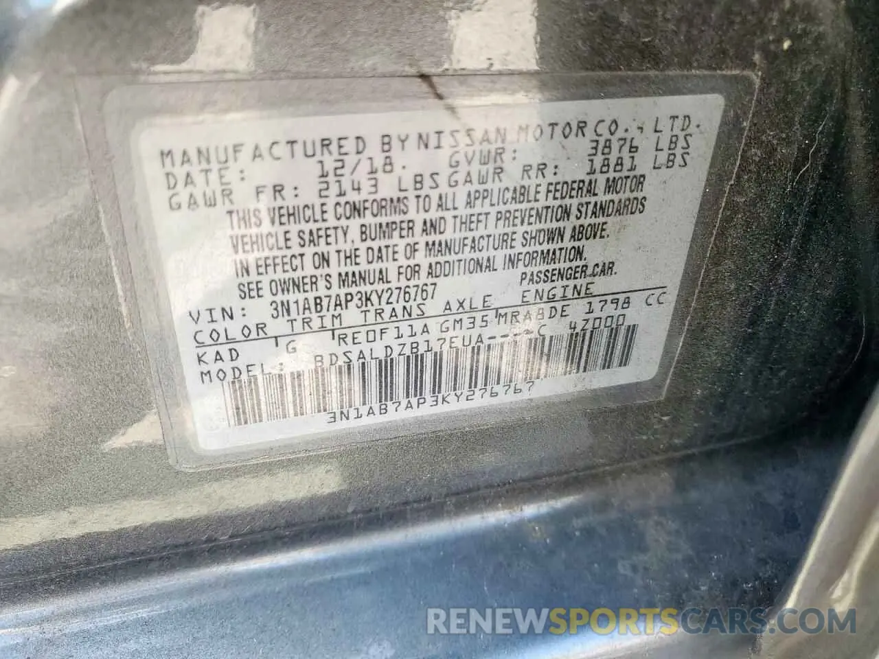12 Photograph of a damaged car 3N1AB7AP3KY276767 NISSAN SENTRA 2019