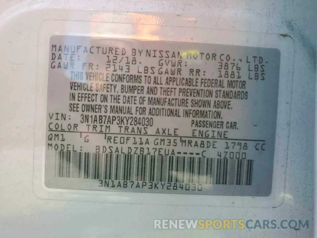 12 Photograph of a damaged car 3N1AB7AP3KY284030 NISSAN SENTRA 2019