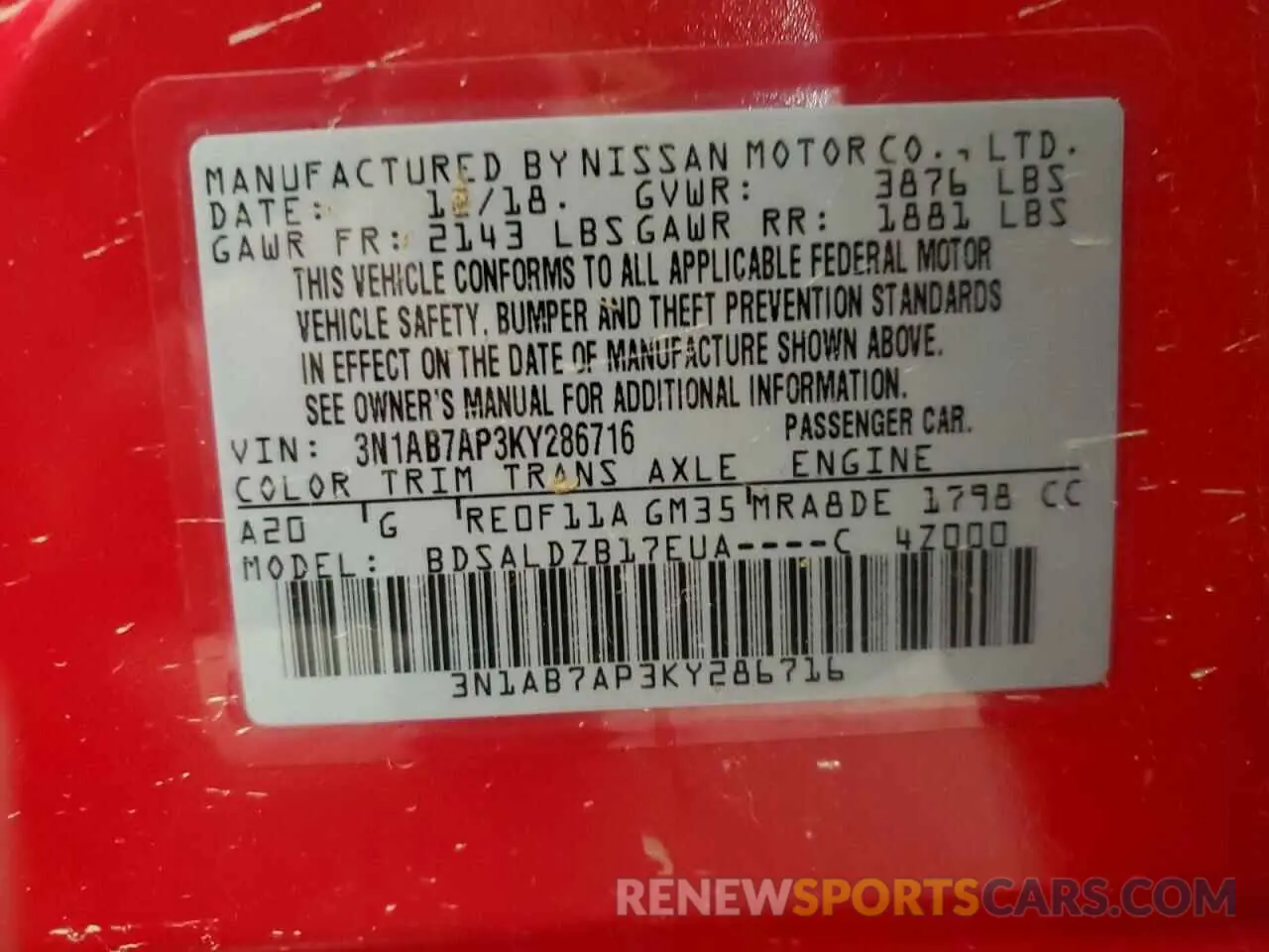 12 Photograph of a damaged car 3N1AB7AP3KY286716 NISSAN SENTRA 2019