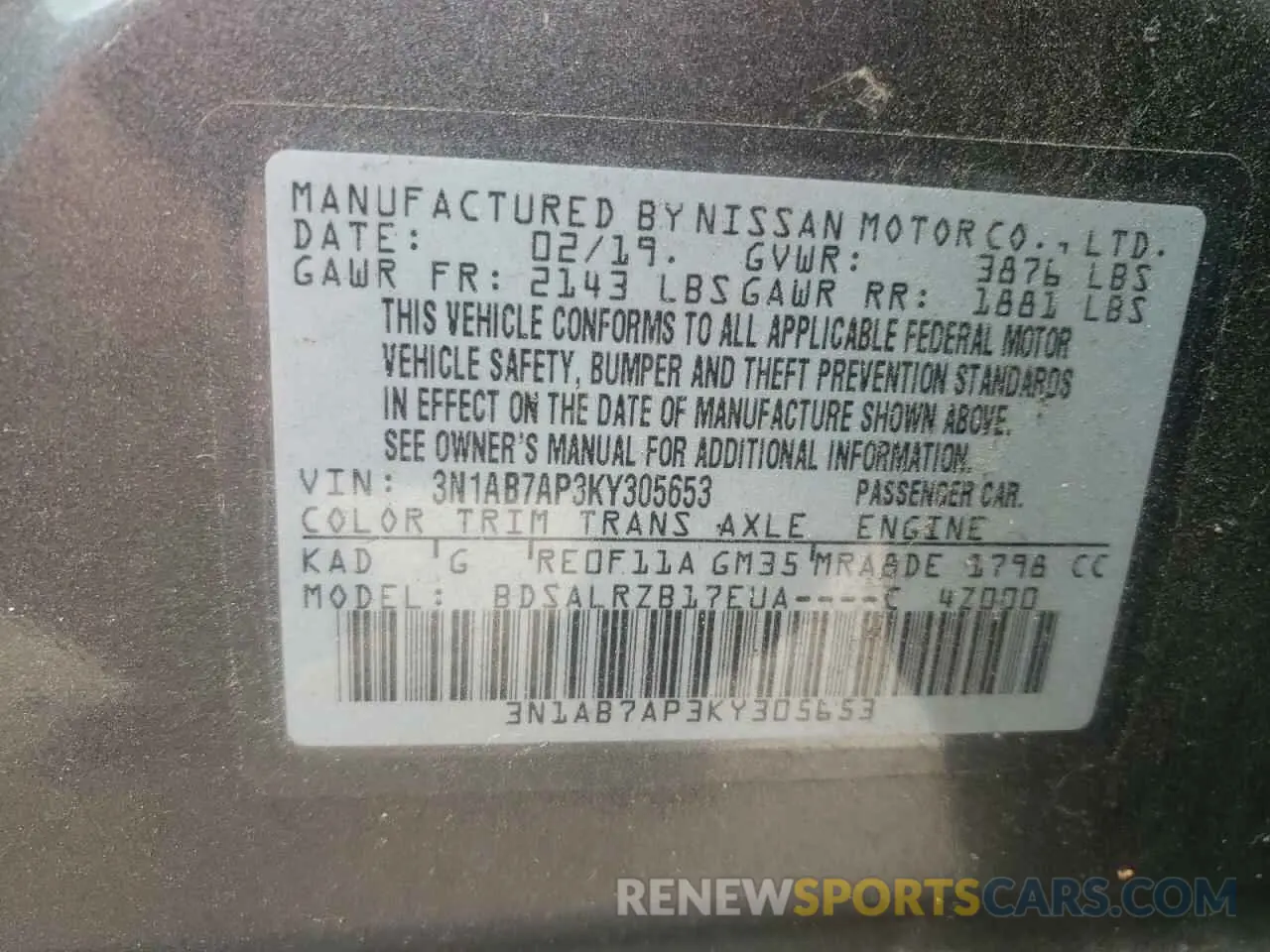 12 Photograph of a damaged car 3N1AB7AP3KY305653 NISSAN SENTRA 2019