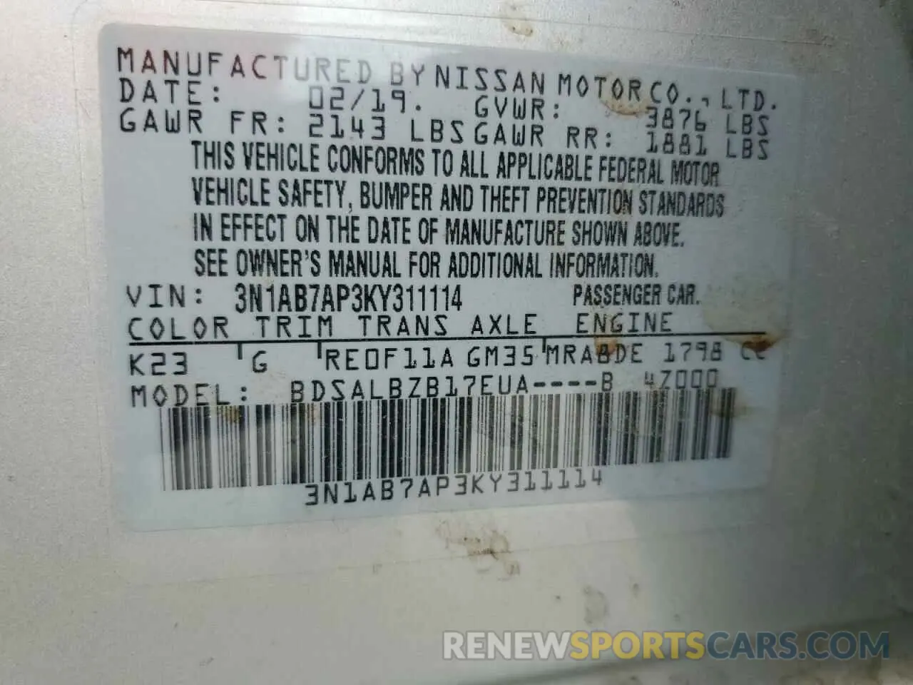 13 Photograph of a damaged car 3N1AB7AP3KY311114 NISSAN SENTRA 2019