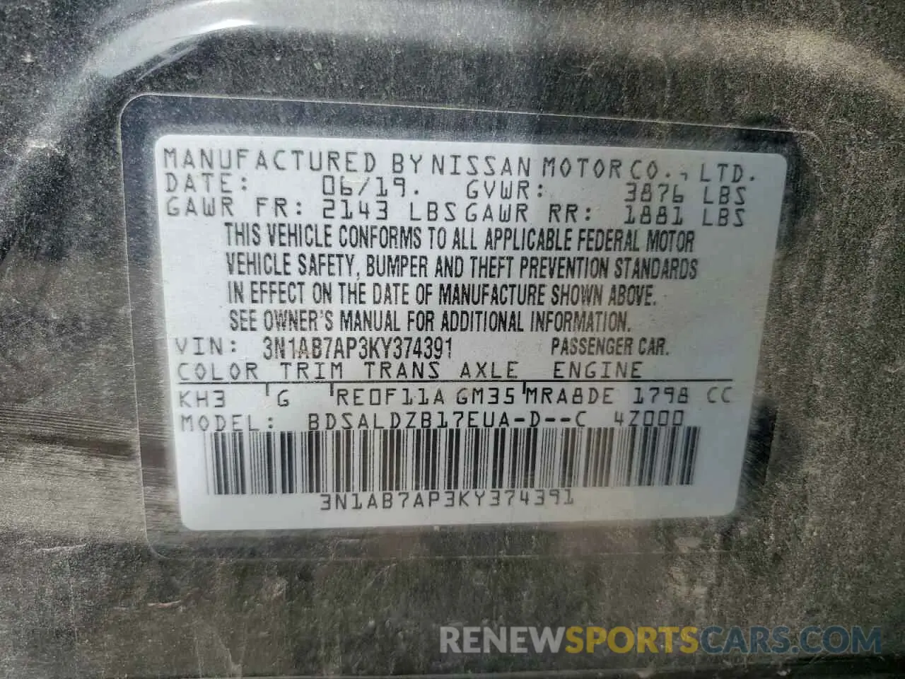 12 Photograph of a damaged car 3N1AB7AP3KY374391 NISSAN SENTRA 2019