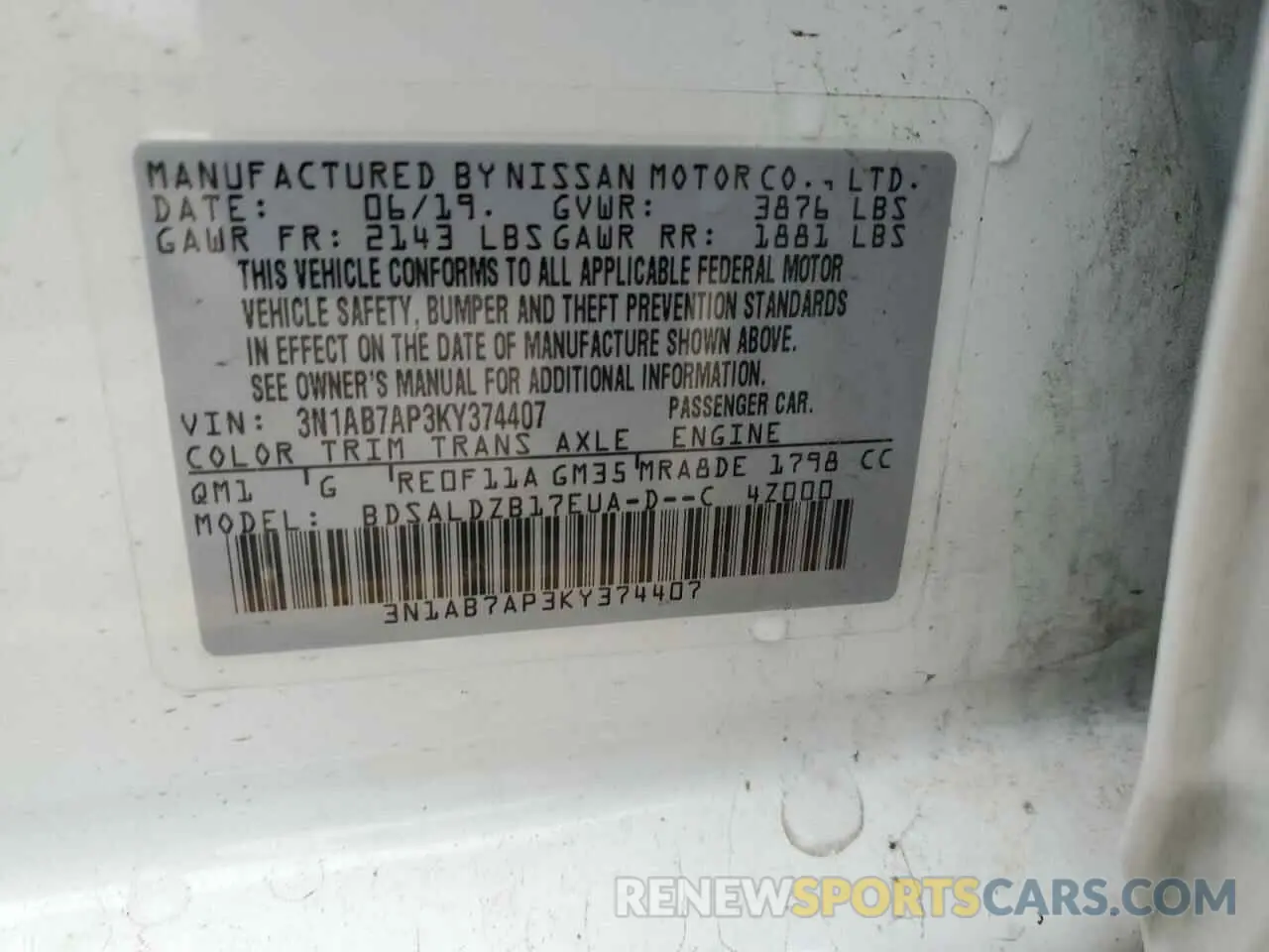 14 Photograph of a damaged car 3N1AB7AP3KY374407 NISSAN SENTRA 2019