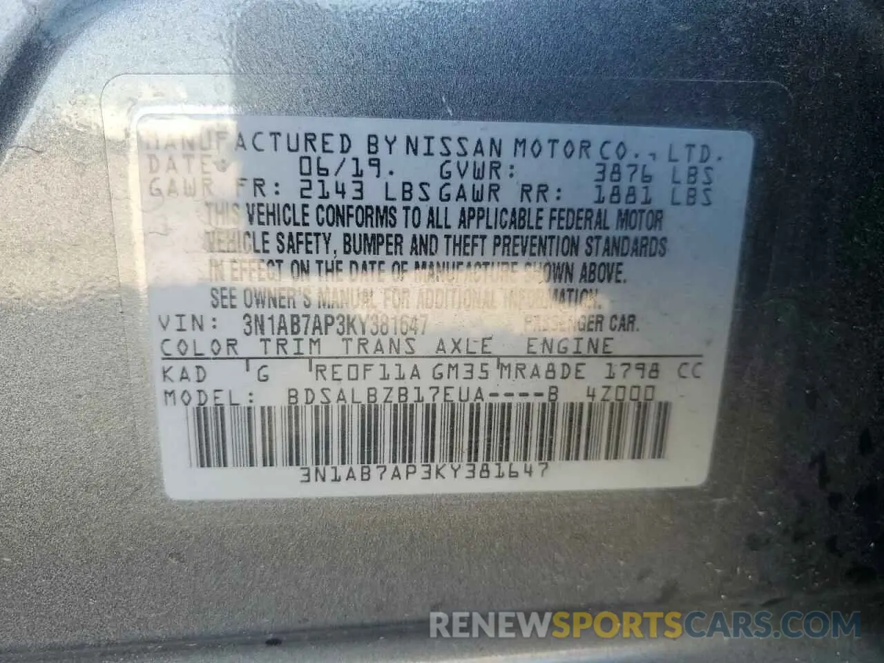 14 Photograph of a damaged car 3N1AB7AP3KY381647 NISSAN SENTRA 2019