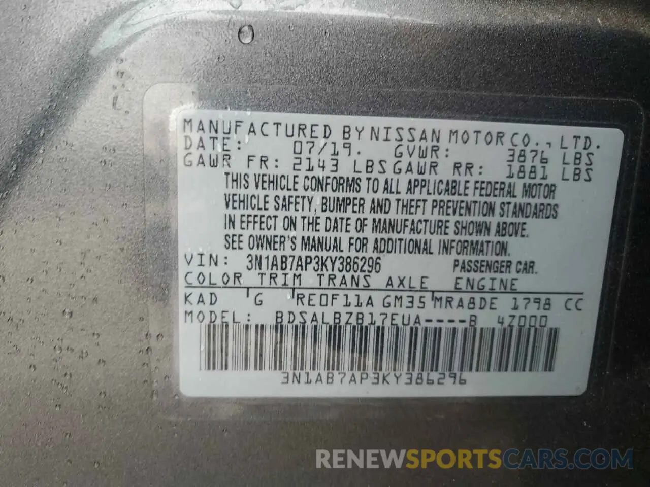 14 Photograph of a damaged car 3N1AB7AP3KY386296 NISSAN SENTRA 2019