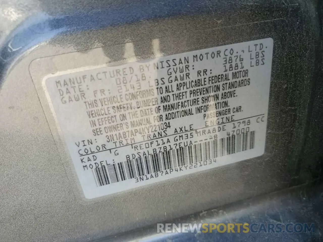 13 Photograph of a damaged car 3N1AB7AP4KY221034 NISSAN SENTRA 2019