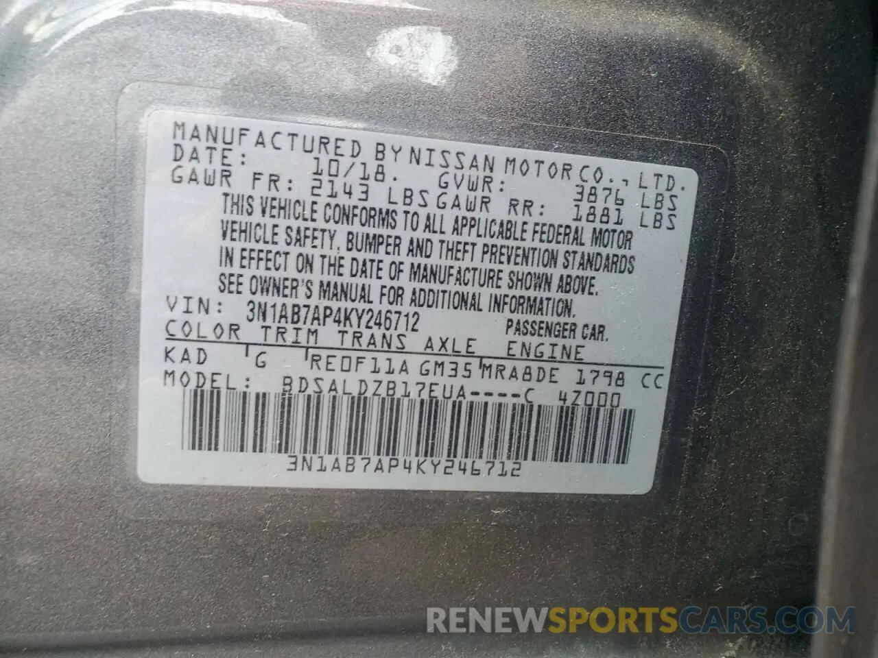 12 Photograph of a damaged car 3N1AB7AP4KY246712 NISSAN SENTRA 2019