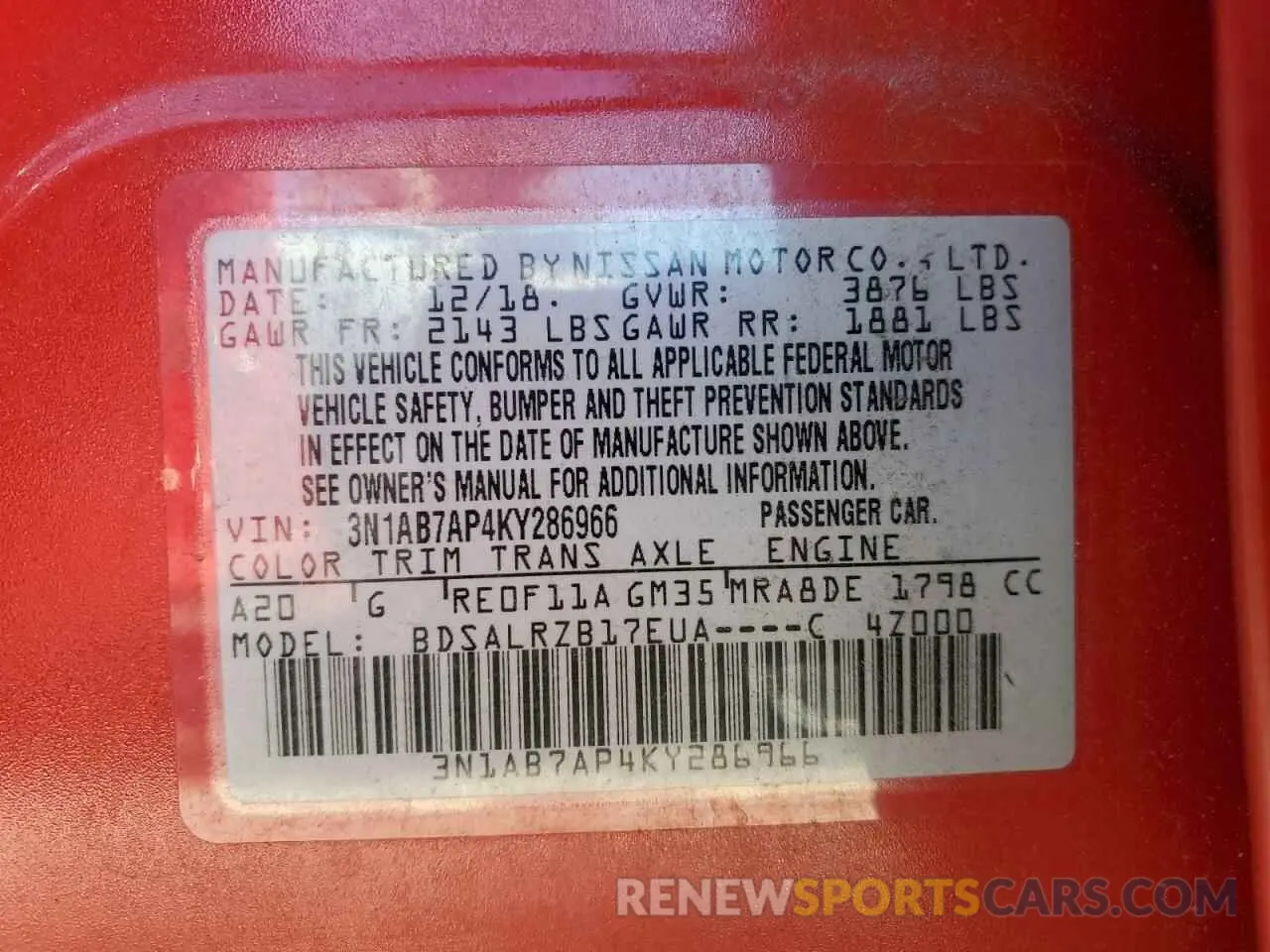 12 Photograph of a damaged car 3N1AB7AP4KY286966 NISSAN SENTRA 2019