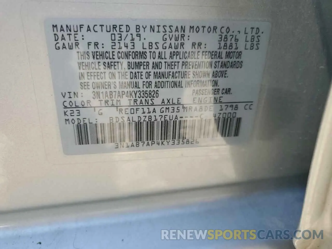 14 Photograph of a damaged car 3N1AB7AP4KY335826 NISSAN SENTRA 2019
