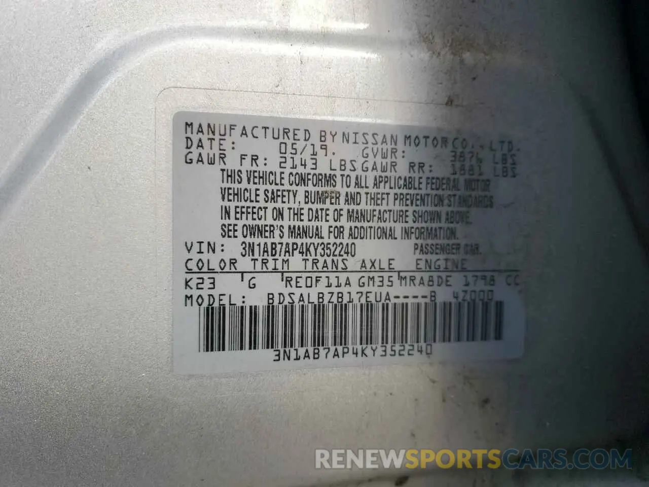 12 Photograph of a damaged car 3N1AB7AP4KY352240 NISSAN SENTRA 2019