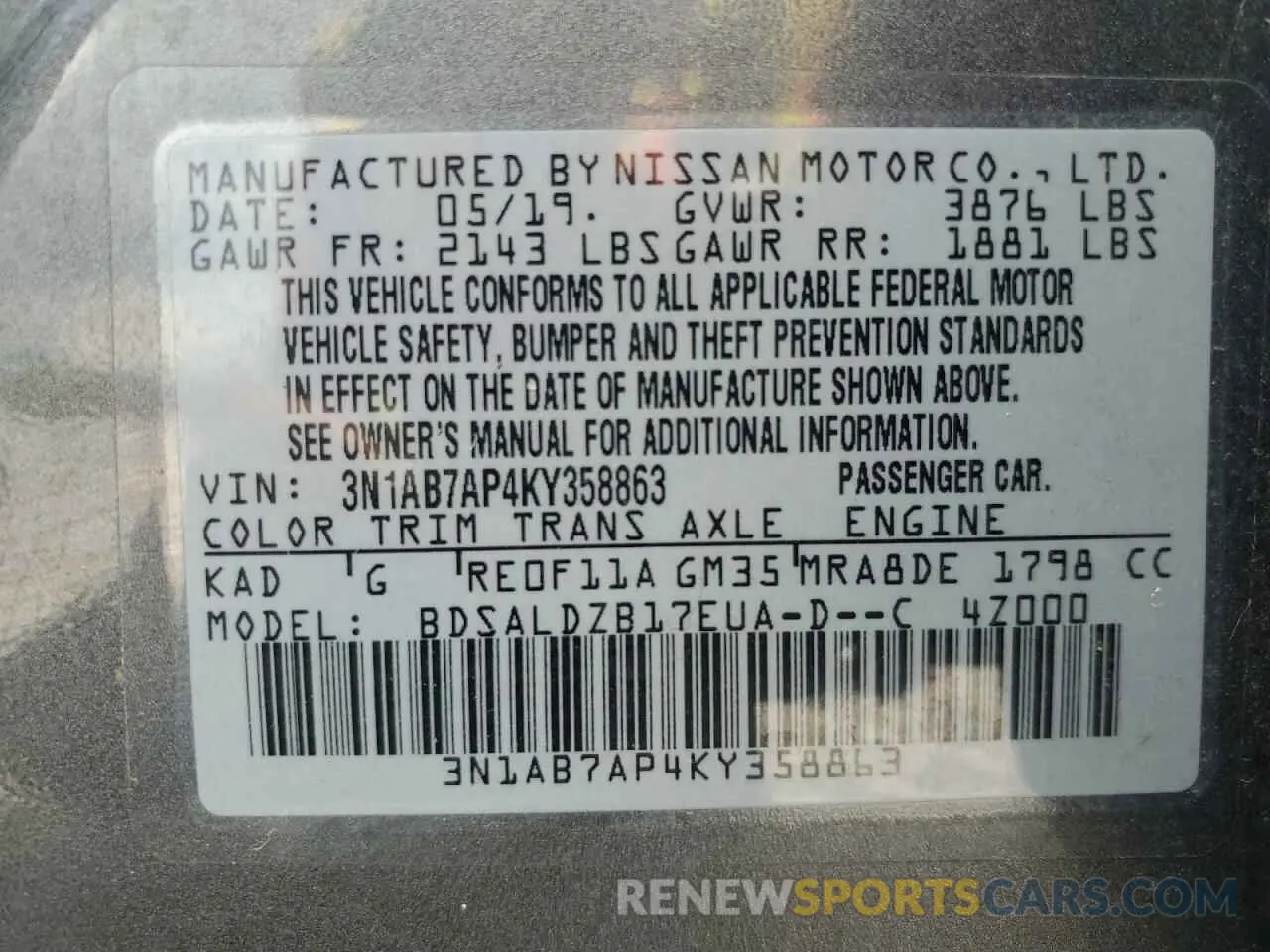13 Photograph of a damaged car 3N1AB7AP4KY358863 NISSAN SENTRA 2019