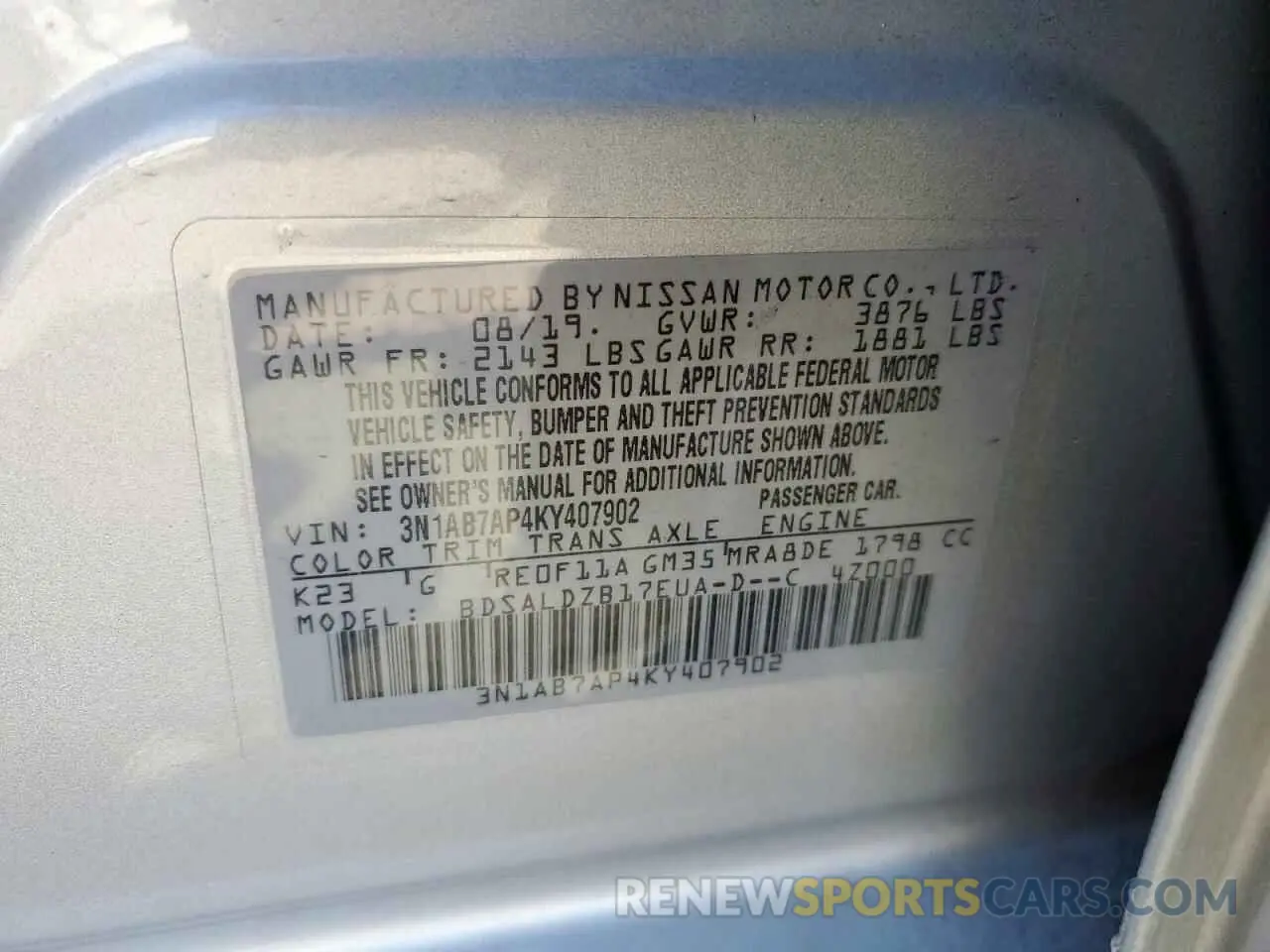 12 Photograph of a damaged car 3N1AB7AP4KY407902 NISSAN SENTRA 2019