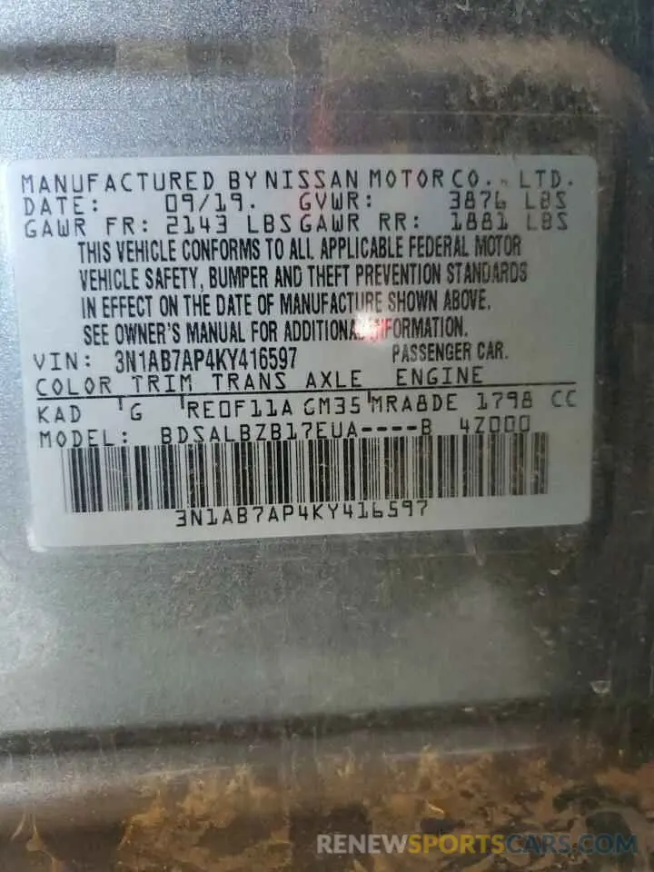 13 Photograph of a damaged car 3N1AB7AP4KY416597 NISSAN SENTRA 2019