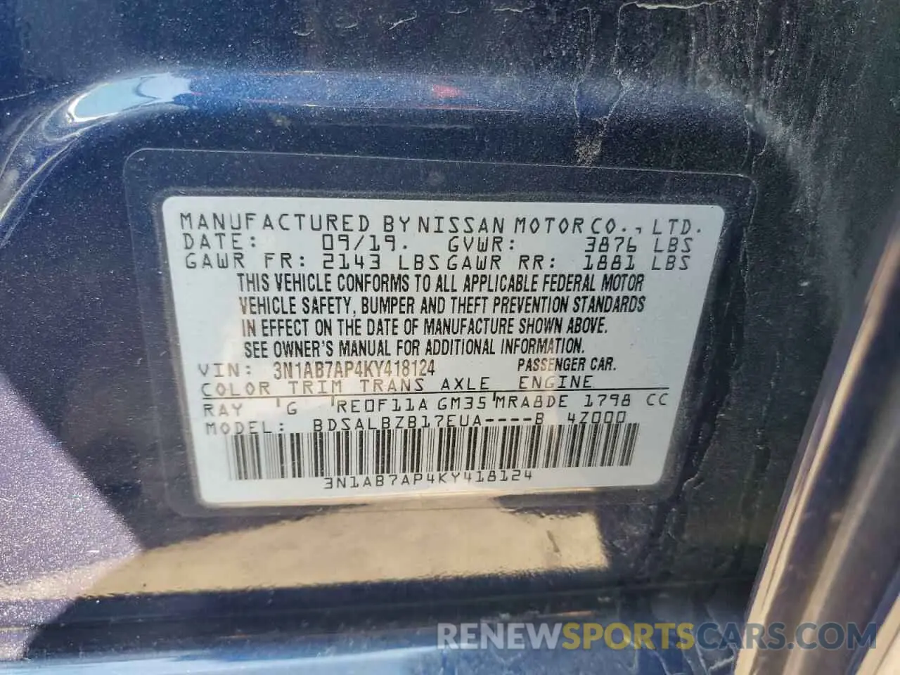 12 Photograph of a damaged car 3N1AB7AP4KY418124 NISSAN SENTRA 2019